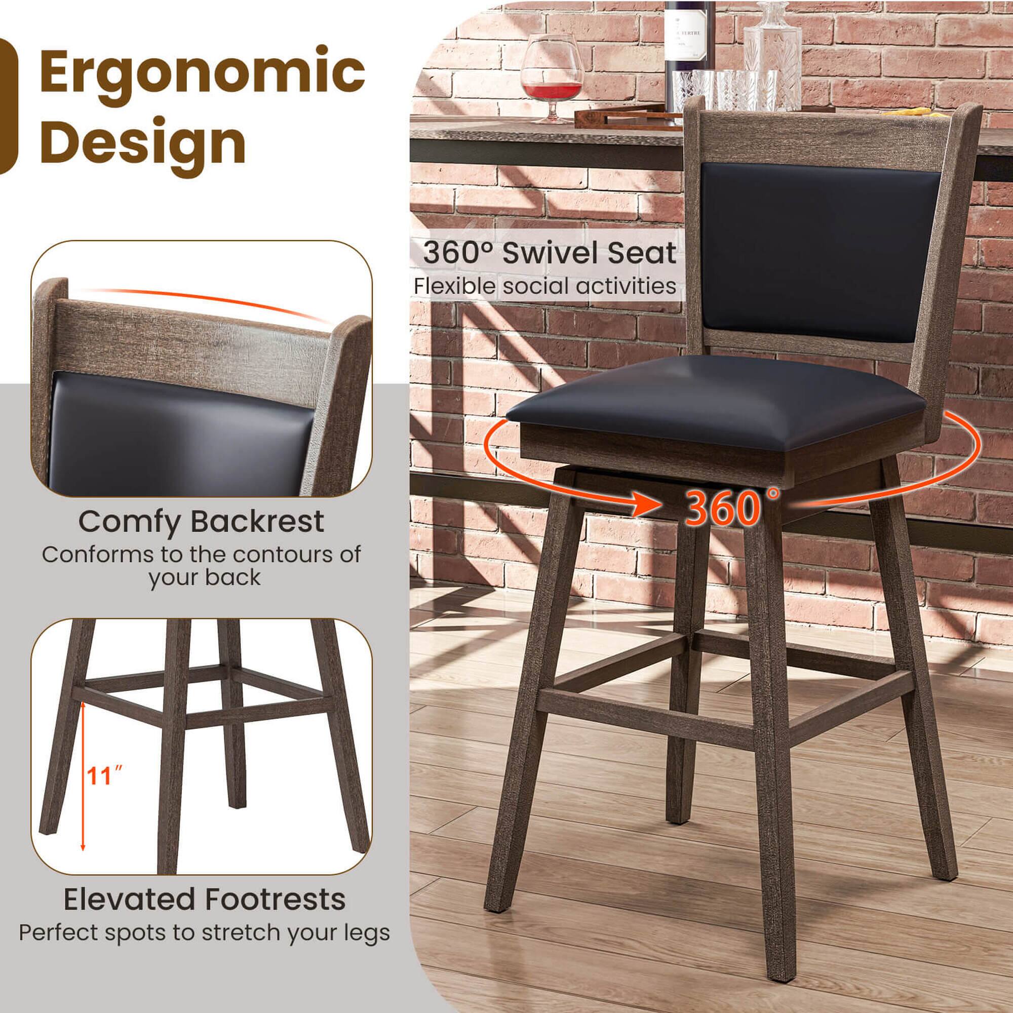 Ergonomic Design 360 Swivel Seat Flexible social activities Comfy Backrest Conforms to the contours of your back 360 11" Elevated Footrests Perfect spots to stretch your legs