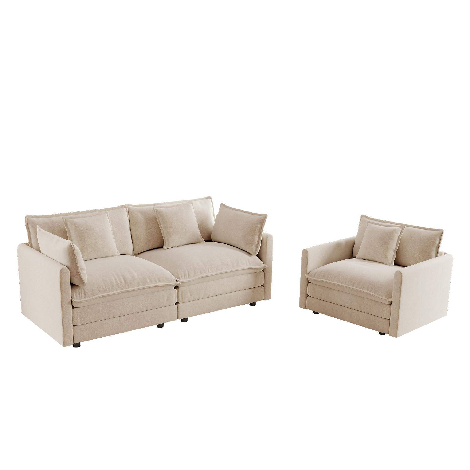 Front. LOVMOR - 2 Seater Loveseat and Chair Set 2 Piece Sofa Chair Set Loveseat and Accent Chair 2Piece Upholstered Chenille Sofa - Light Coffee.