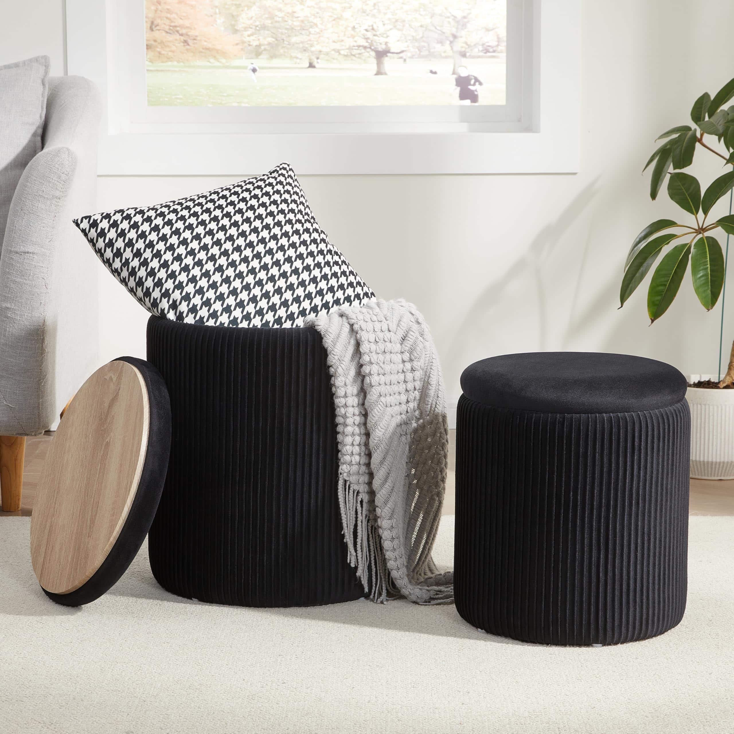 JETRANSPORT - Boucle Round Ottoman Storage Small Foot Stool Living Room Coffee Table Vanity Bedroom Green - Velvet-black