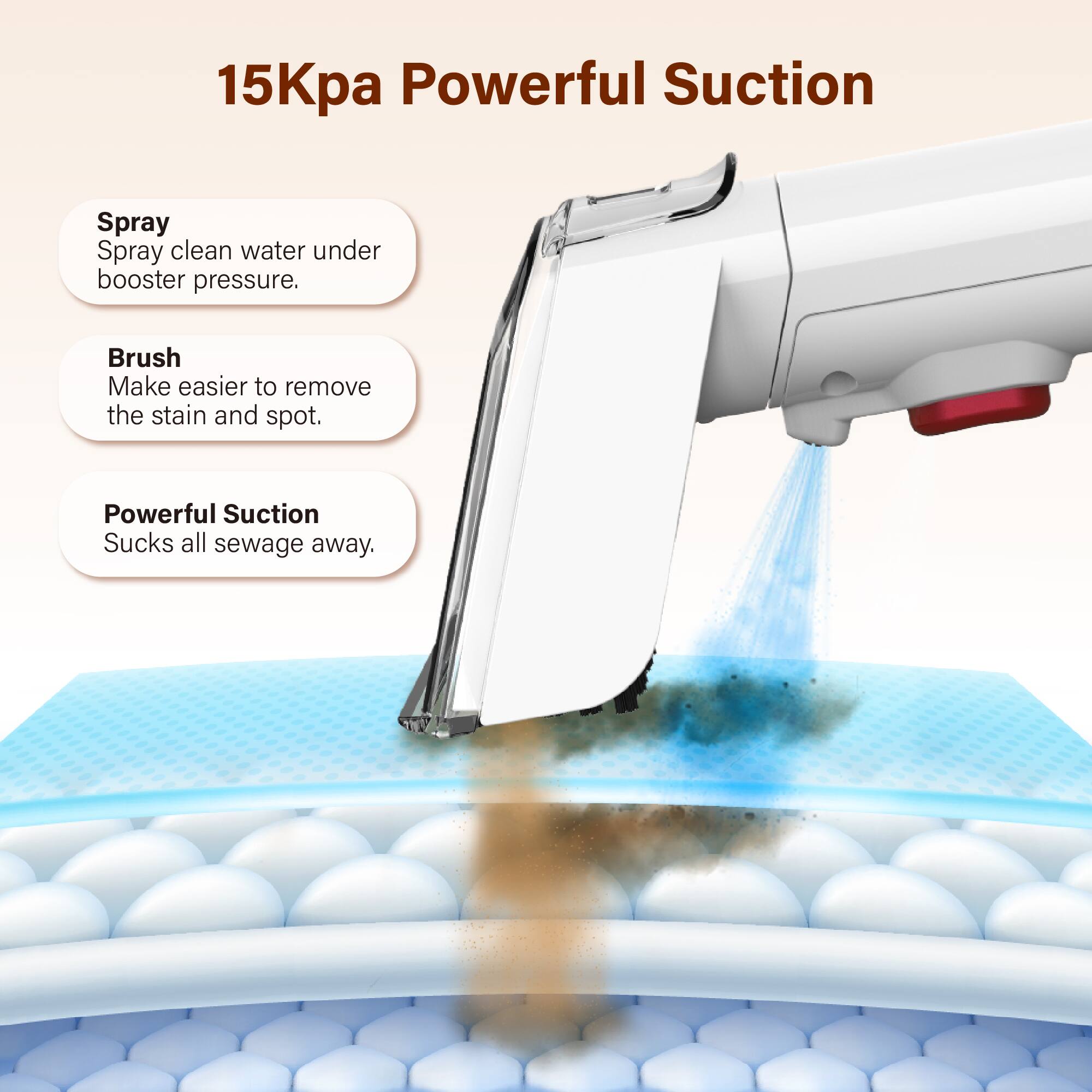 15Kpa Powerful Suction

- Spray
  Spray clean water under booster pressure.

- Brush
  Make easier to remove the stain and spot.

- Powerful Suction
  Sucks all sewage away.