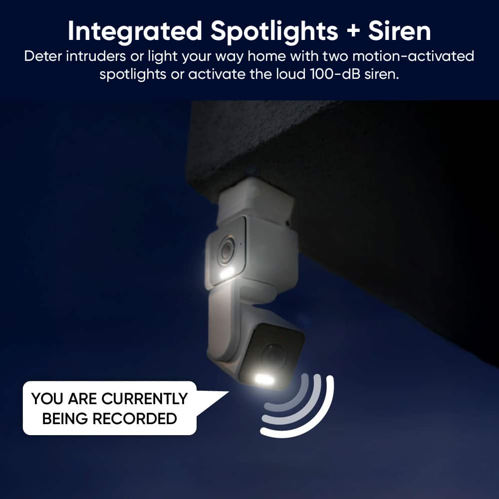 Integrated Spotlights + Siren: Deter intruders or light your way home with two motion-activated spotlights or activate the loud 100-dB siren. YOU ARE CURRENTLY BEING RECORDED.