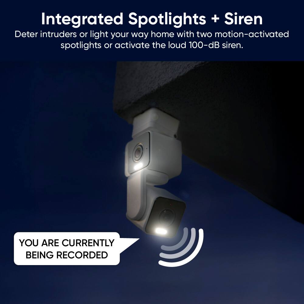 Integrated Spotlights + Siren: Deter intruders or light your way home with two motion-activated spotlights or activate the loud 100-dB siren. YOU ARE CURRENTLY BEING RECORDED.