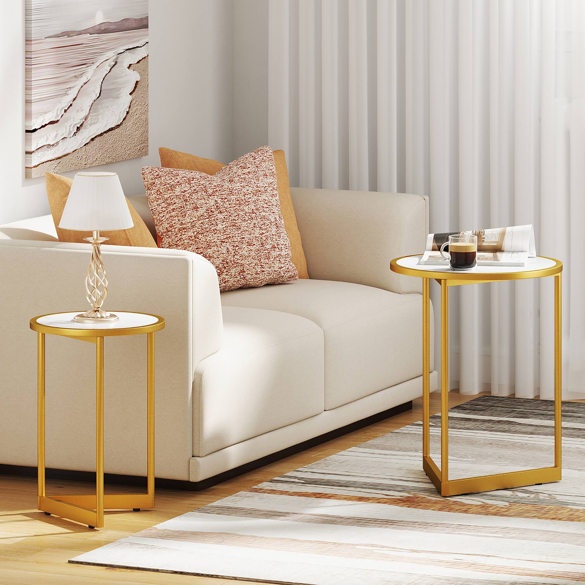 Alt View 3. Gymax - Gymax Round Nesting Side Table Set of 2 Stacking Coffee Tables w/ Faux Marble Tabletop - White + Gold.
