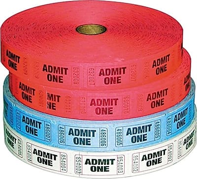 PM Company - Raffle Ticket Single Ticket Rolls - Admit One, Numbered, 2000 Tickets/Roll, 4/Pack - Assorted Colors