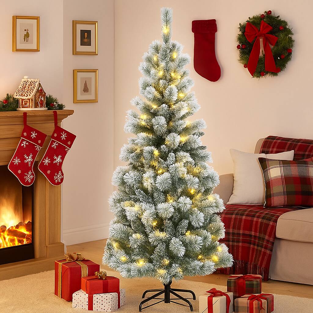 Front. BreeBe - Flocked Artificial Tree with 9 Light Modes – 5/6/7.5/8ft Pre-Lit Design - White.