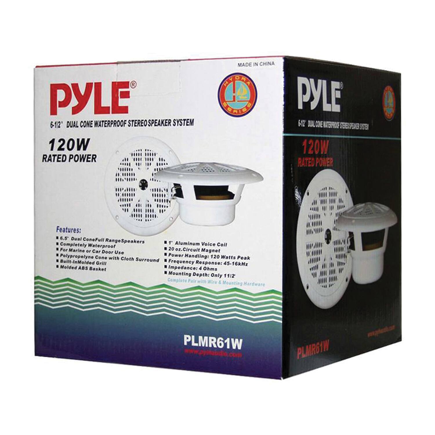 PYLE 6-1/2" DUAL CONE WATERPROOF STEREO SPEAKER SYSTEM 120W RATED POWER MADE IN CHINA

Features:
- 6.5" Dual Cone Full Range Speakers
- Completely Waterproof for Marine or Car Use
- Polypropylene Cone with Cloth Surround
- Built-In Molded Grill
- Molded ABS Basket
- T Aluminum Voice Coil
- 20 oz. Circuit Magnet
- Power Handling: 120 Watts Peak
- Frequency Response: 45-16kHz
- Impedance: 4 Ohms
- Mounting Depth: Only 11/2"
- Complete Pair with Wire & Mounting Hardware

PLMR61W