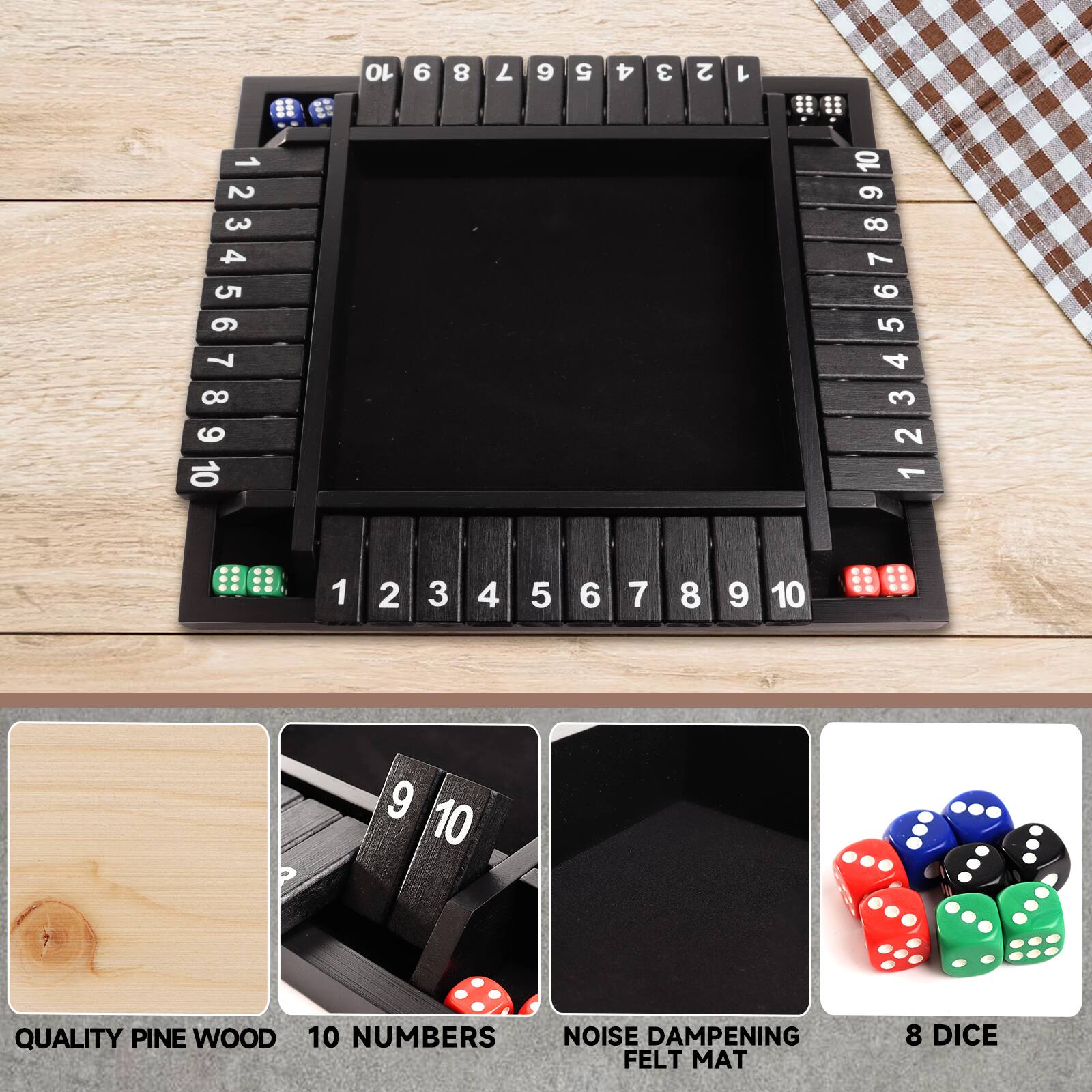 2 5 12345678910 9 7 8 10 1 10 2 6 8 7 3 4 9 5 5 6 A 3 2 7 8 1 9 10 10 9 8 7 6 12345678910 5 4 3 2 9 10

QUALITY PINE WOOD
10 NUMBERS
NOISE DAMPENING FELT MAT
8 DICE