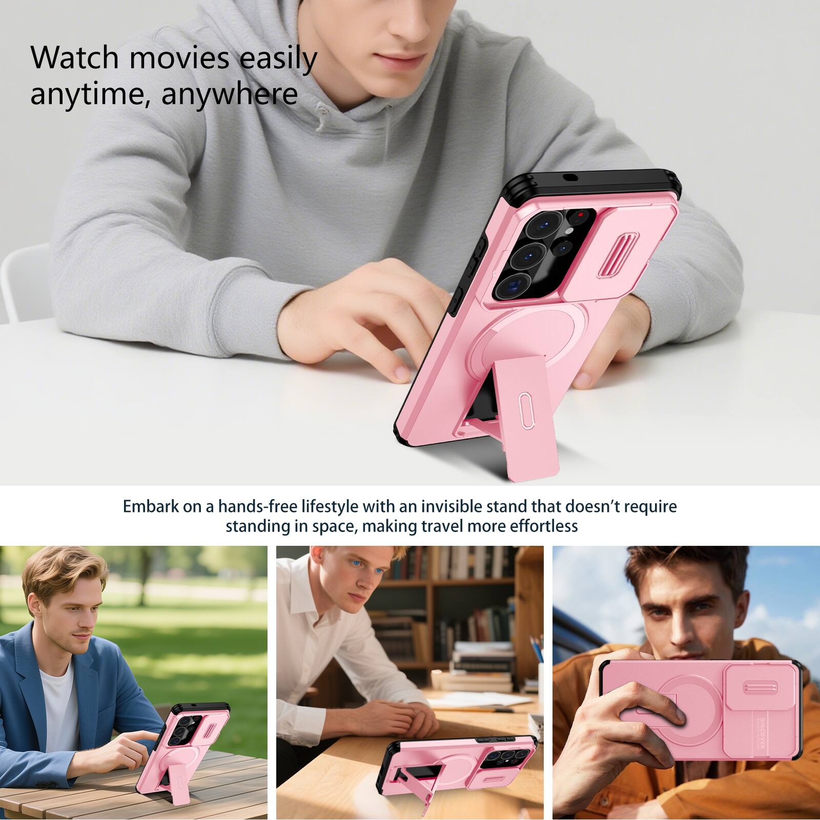 Watch movies easily anytime, anywhere

Embark on a hands-free lifestyle with an invisible stand that doesn't require standing in space, making travel more effortless