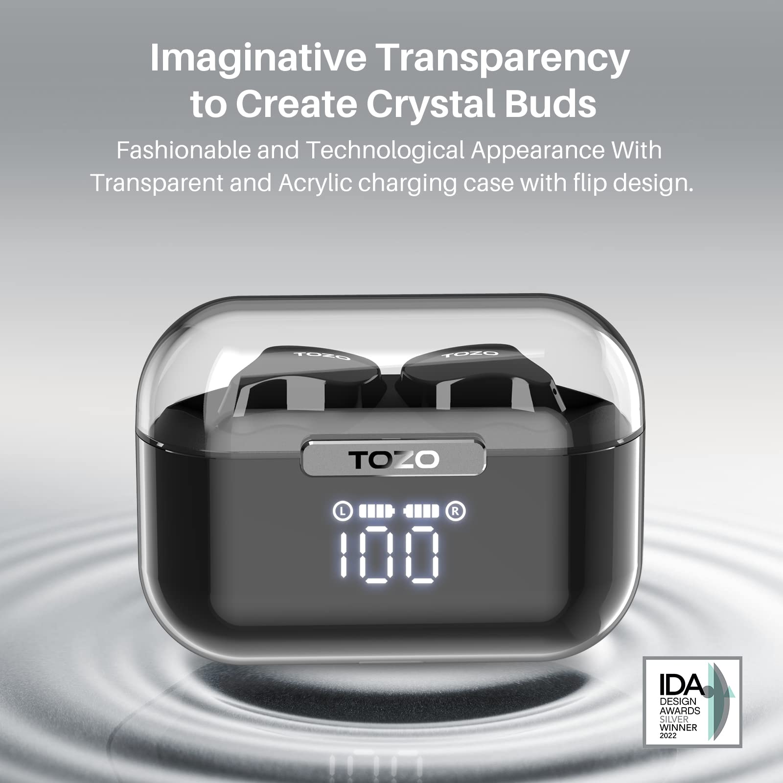 Imaginative Transparency to Create Crystal Buds Fashionable and Technological Appearance With Transparent and Acrylic charging case with flip design. TOZO L R 100 IDA DESIGN AWARDS SILVER WINNER 2022