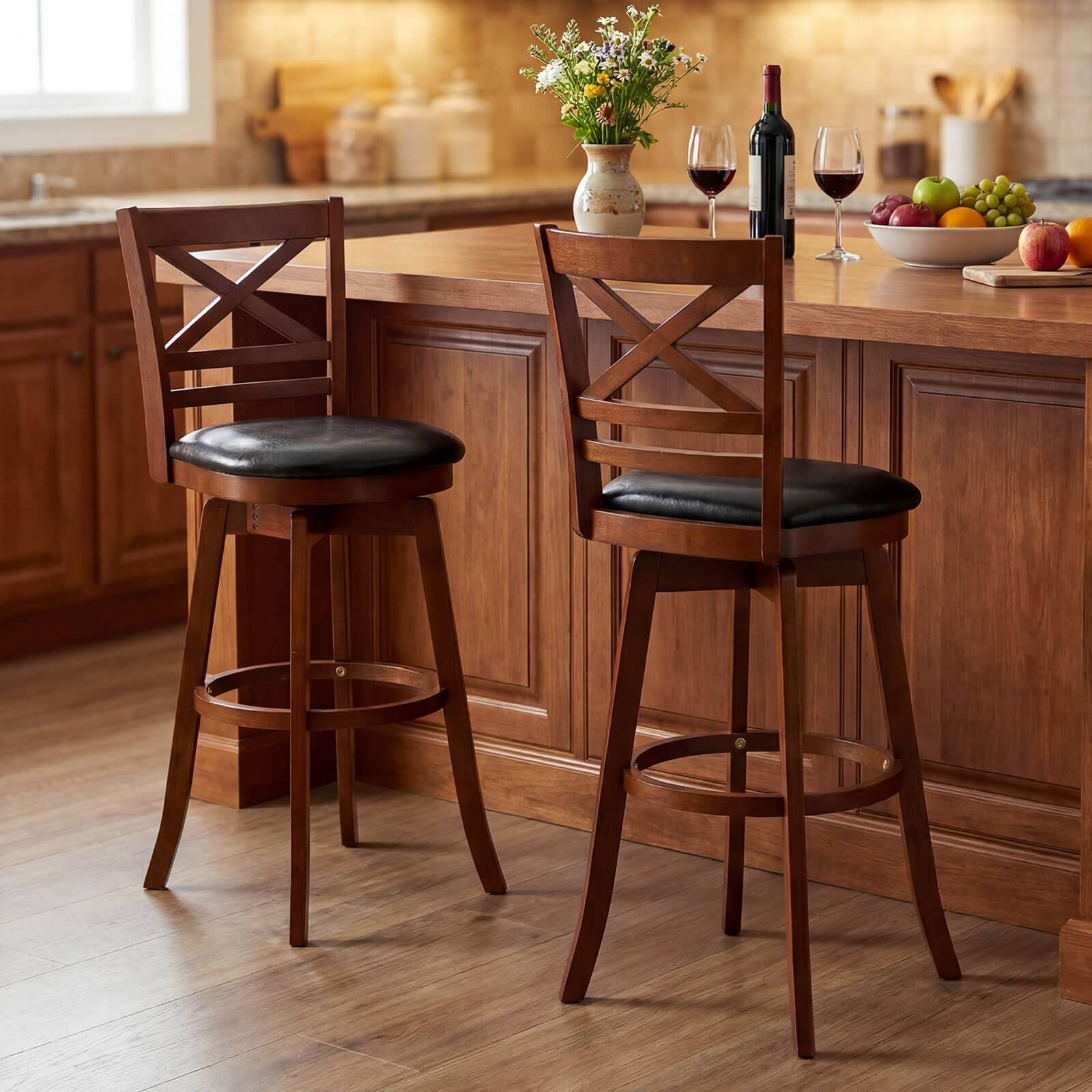 Alt View 1. Costway - Costway 30.5" Swivel Barstools Set of 4 with Backrest Faux Leather Upholstered Seat for Pub - Antique Walnut,Black.