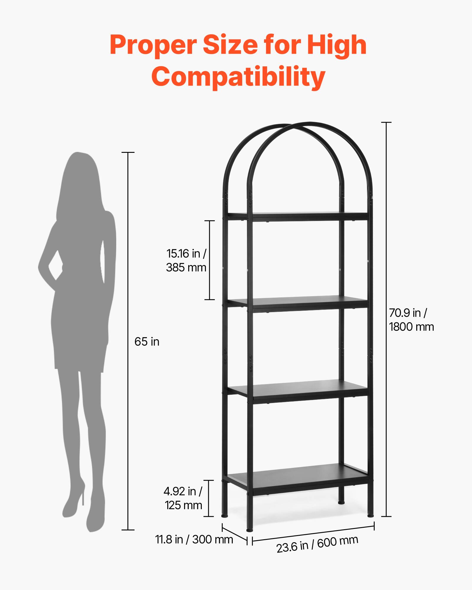 Proper Size for High Compatibility

- 15.16 in / 385 mm
- 65 in
- 70.9 in / 1800 mm
- 4.92 in / 125 mm
- 11.8 in / 300 mm
- 23.6 in / 600 mm