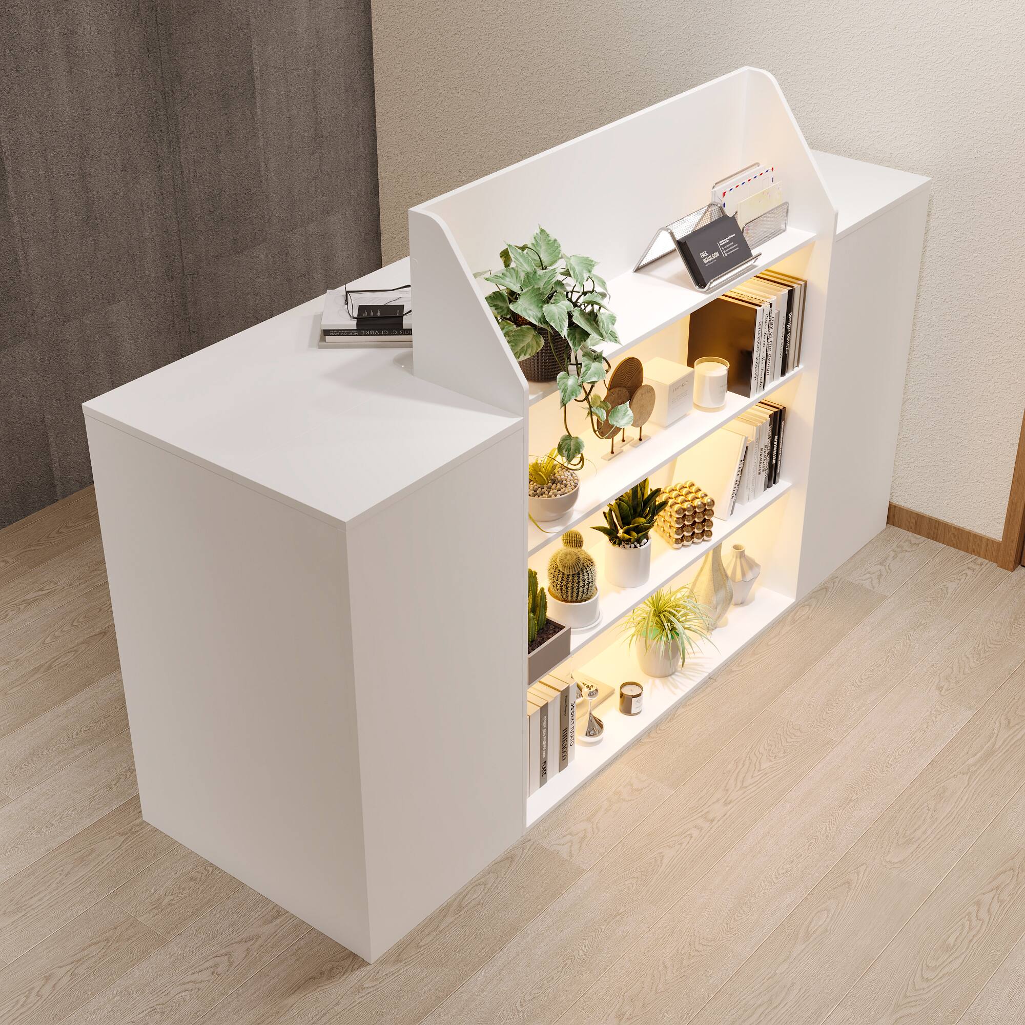 Back. Famapy - 61" White Reception Desk with LED Light, Locking Drawers, Keyboard Tray, Salon Office Counter - White.