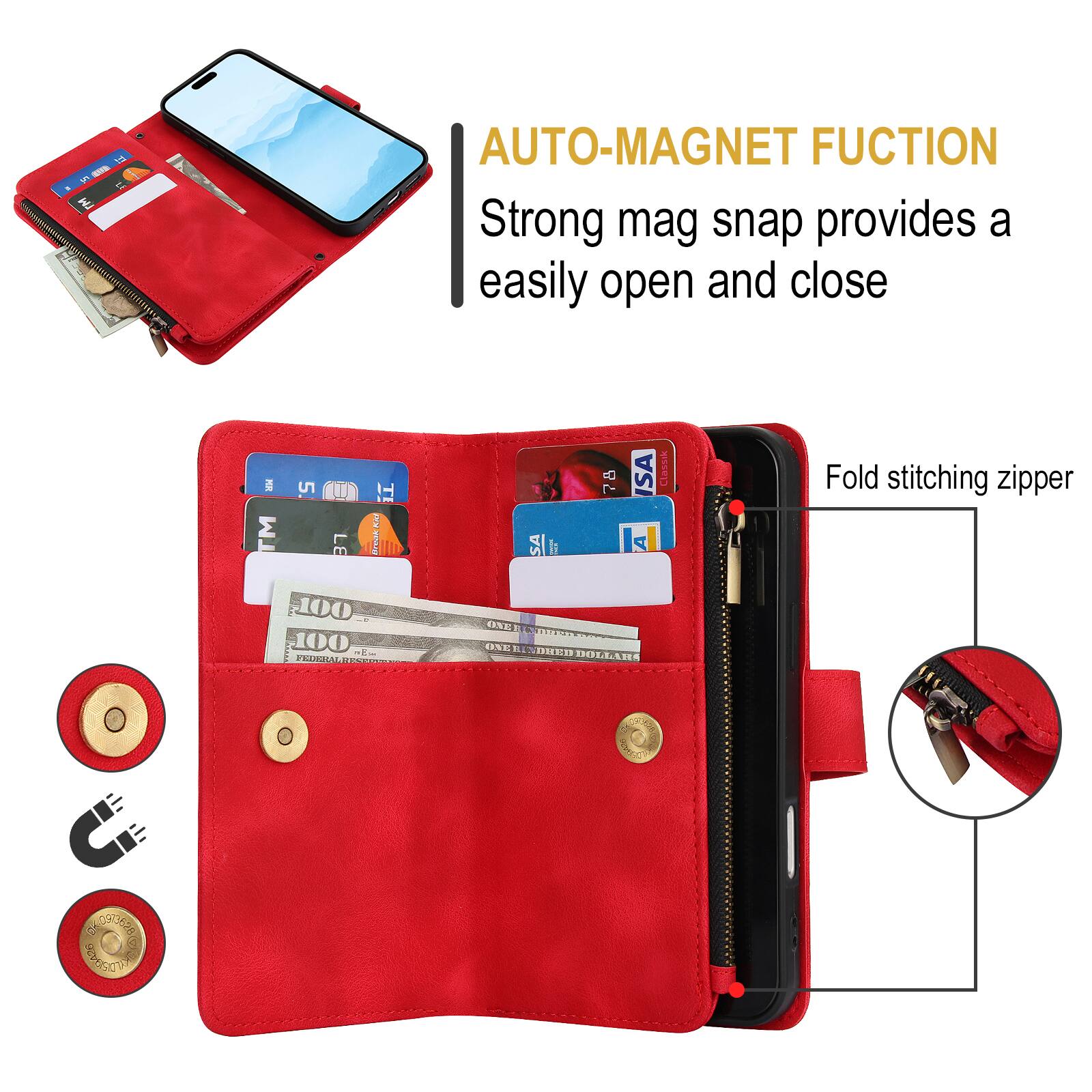 - AUTO-MAGNET FUNCTION
  - Strong mag snap provides a easily open and close

- Fold stitching zipper