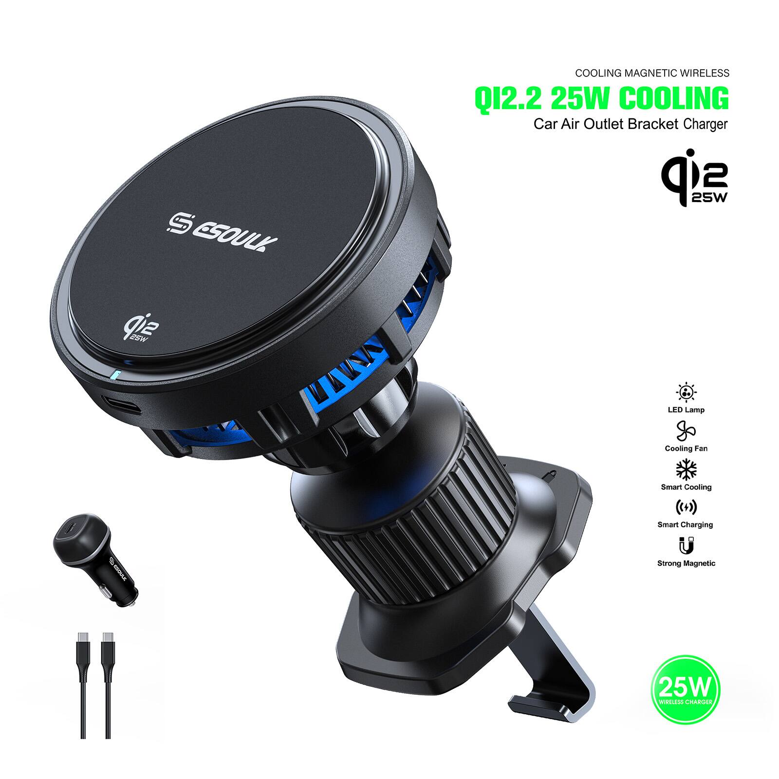 COOLING MAGNETIC WIRELESS  
Q12.2 25W COOLING  
Car Air Outlet Bracket Charger  

- LED Lamp  
- Cooling Fan  
- Smart Cooling  
- Smart Charging  
- Strong Magnetic  

25W Wireless Charger