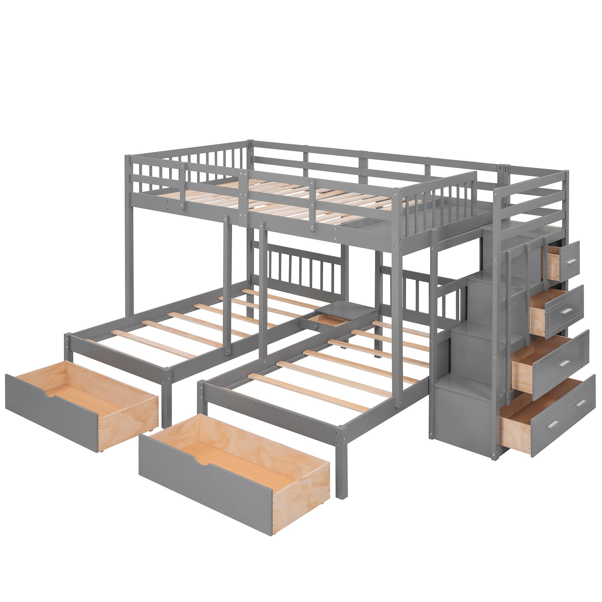 Alt View 8. Tiramisubest - Full Over Twin & Twin Wood Triple Bunk Bed, Gray: Space-Saving, Sturdy & Safe - Gray.