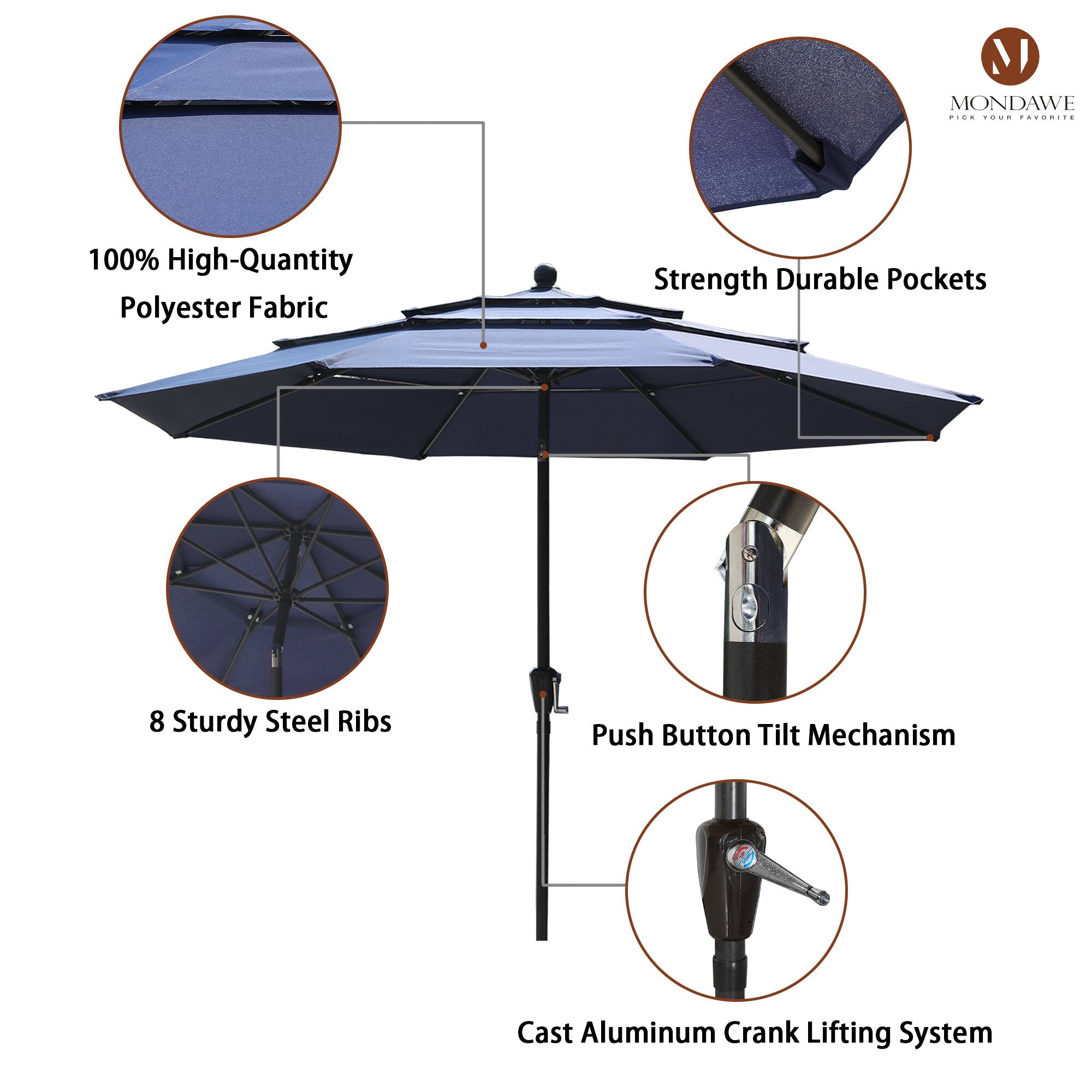M MONDAWE  
100% High-Quantity Polyester Fabric  
Strength Durable Pockets  
8 Sturdy Steel Ribs  
Push Button Tilt Mechanism  
Cast Aluminum Crank Lifting System