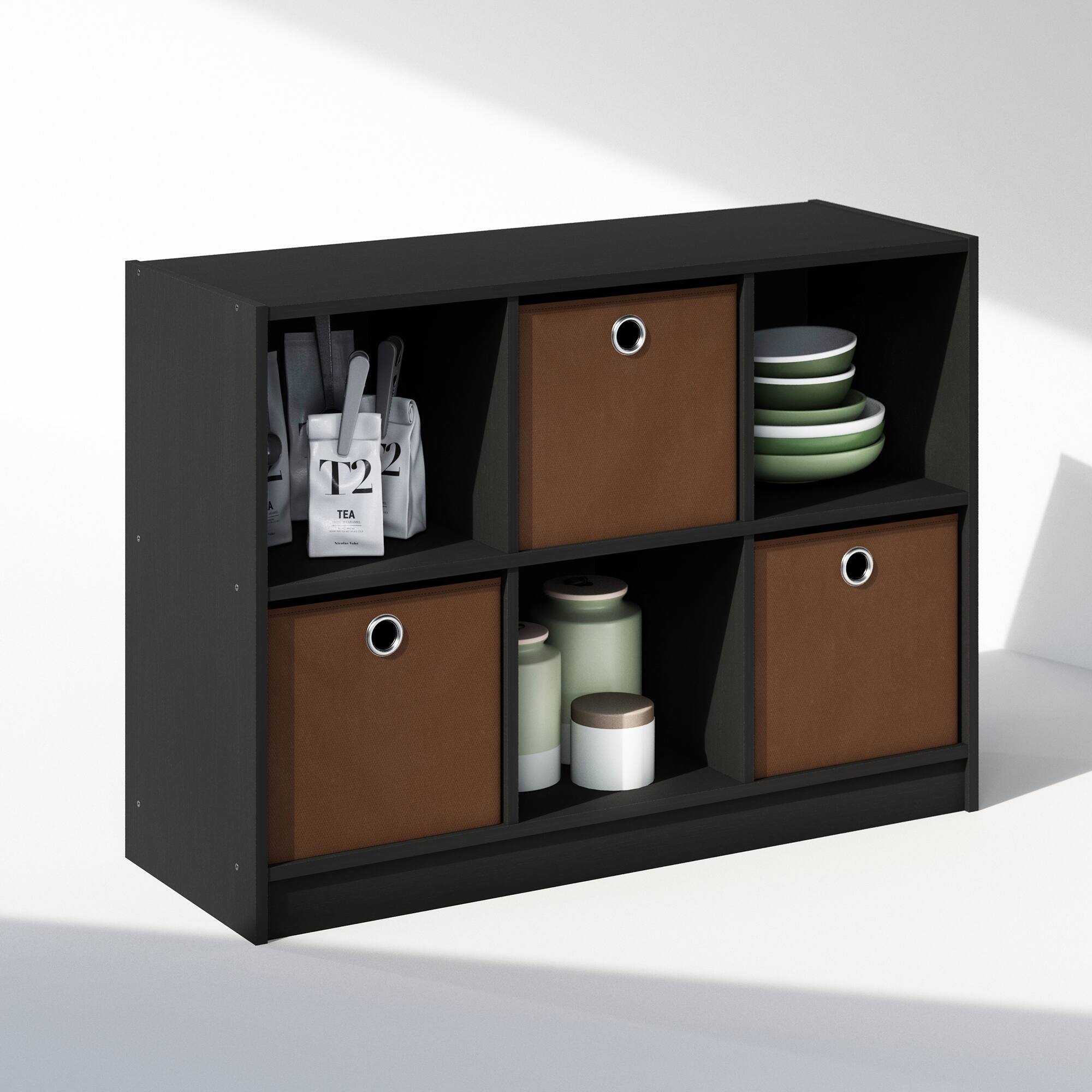 Alt View 3. Furinno - Cubic Multipurpose Clothing & Closet Storage Organizer Shelf with Bin Drawers, 6-Cube - Americano/Medium Brown.