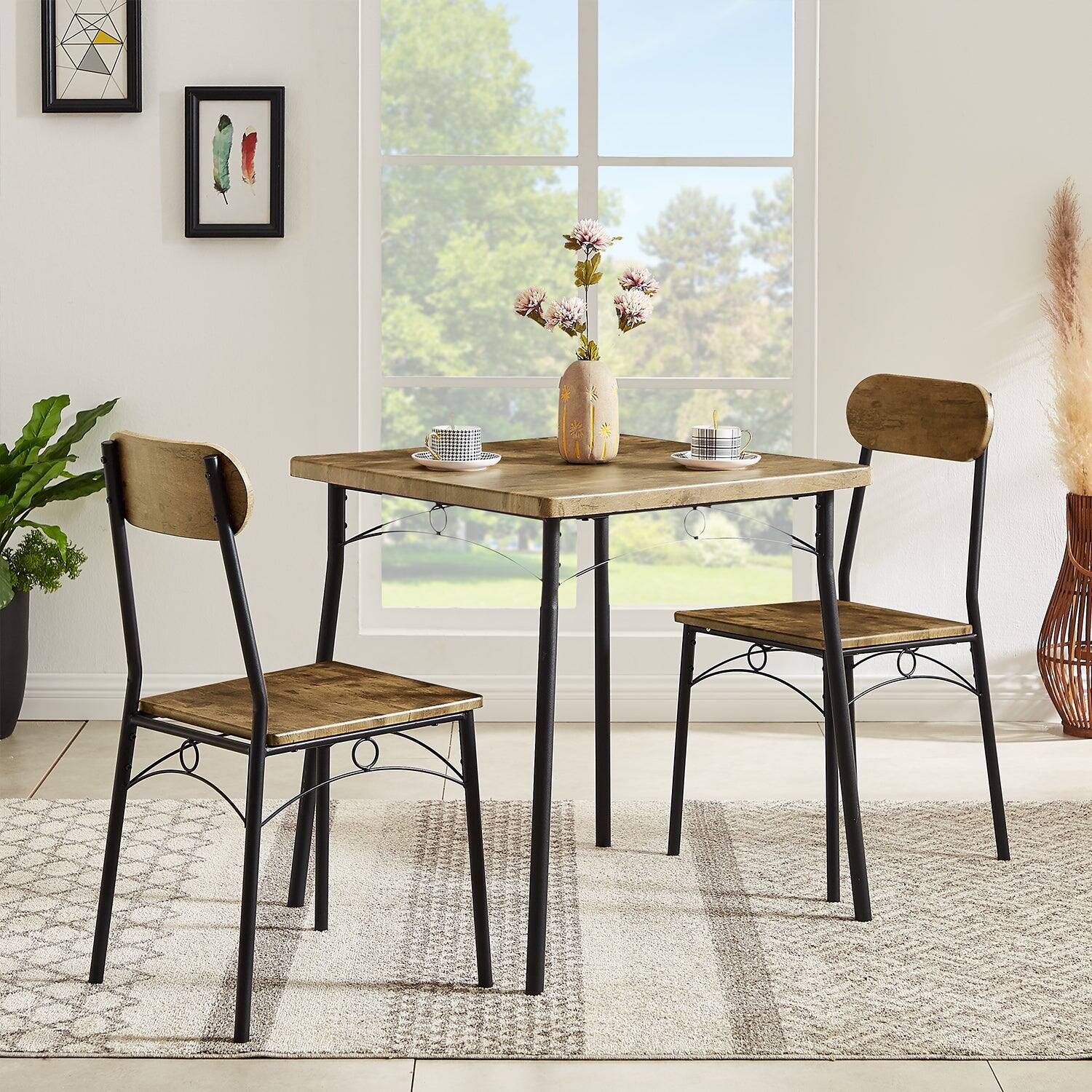 Alt View 1. Vecelo - 3 Piece Dining Set: 2-Person Table & Chairs - Metal Frame, Thick MDF Top, Space Saving Design, Easy Assembly - Brown.