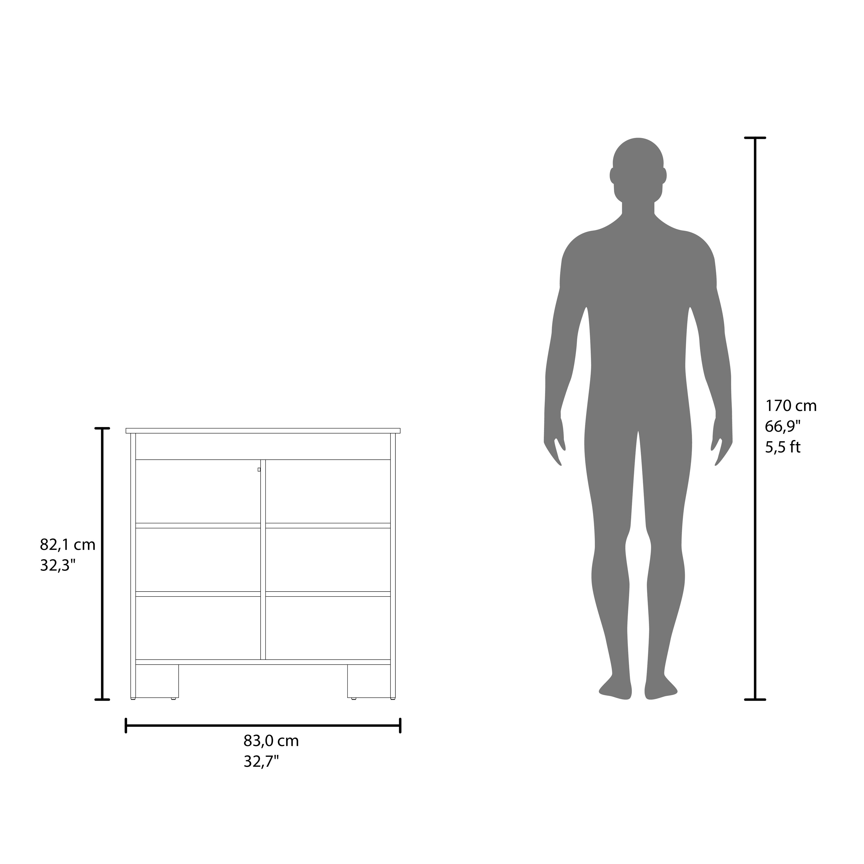170 cm 66,9" 5,5ft  
82,1 cm 32,3"  
83,0cm 32,7"