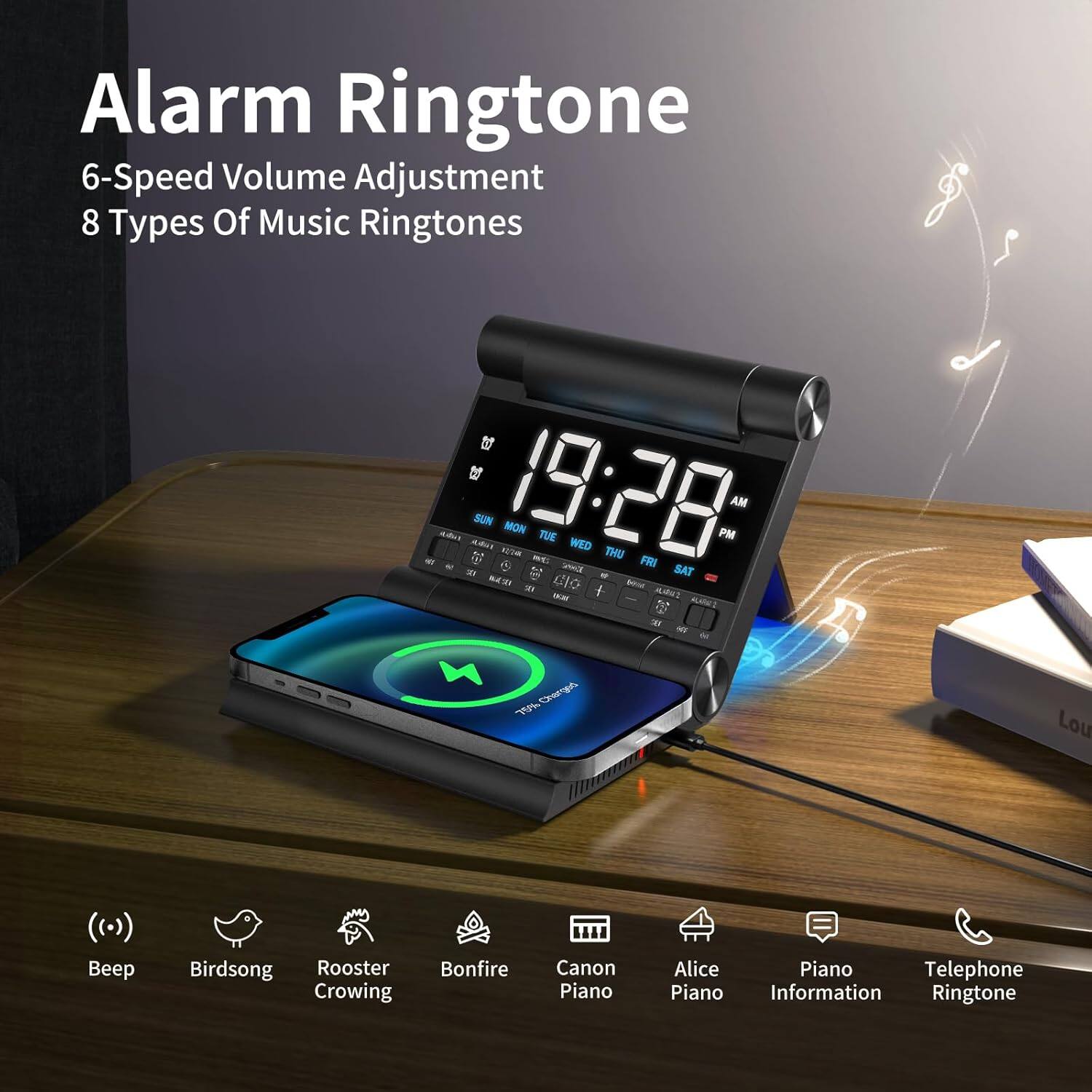 Alarm Ringtone  
6-Speed Volume Adjustment  
8 Types Of Music Ringtones  

Beep  
Birdsong  
Rooster Crowing  
Bonfire  
Canon Piano  
Alice Piano  
Piano Information  
Telephone Ringtone