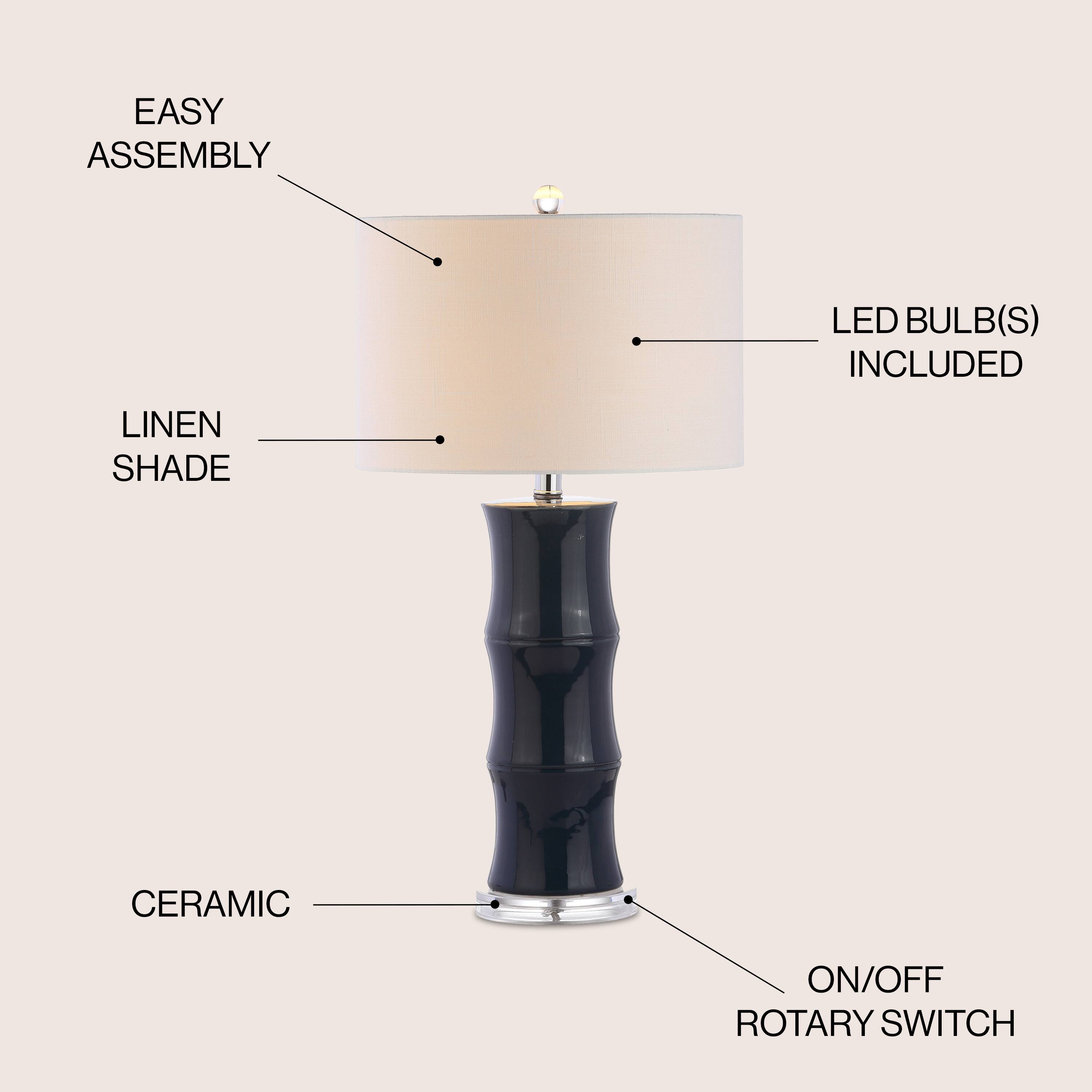 - EASY ASSEMBLY
- LED BULB(S) INCLUDED
- LINEN SHADE
- CERAMIC
- ON/OFF ROTARY SWITCH