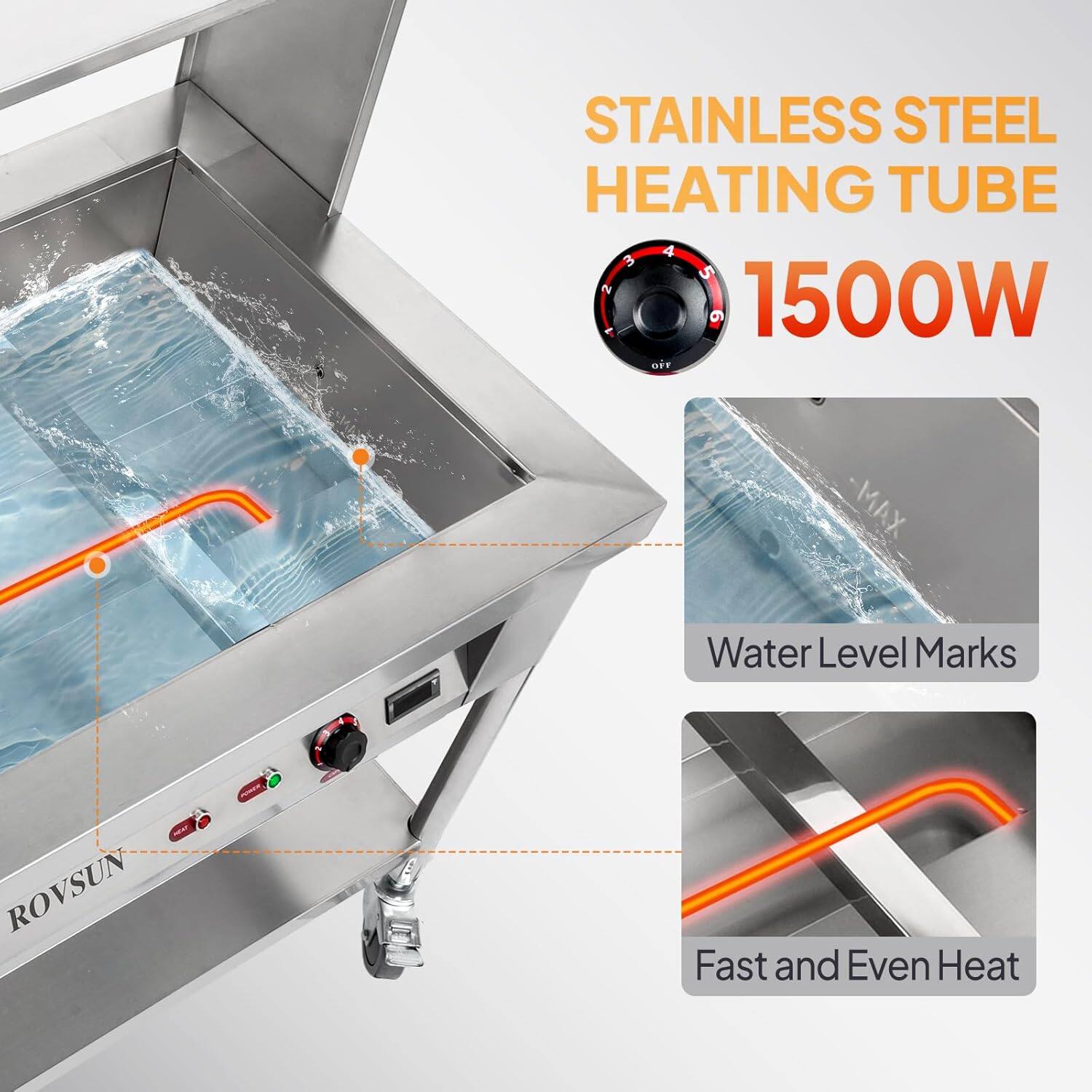 STAINLESS STEEL HEATING TUBE 1500W  
- MAX Water Level Marks  
ROVSUN  
Fast and Even Heat