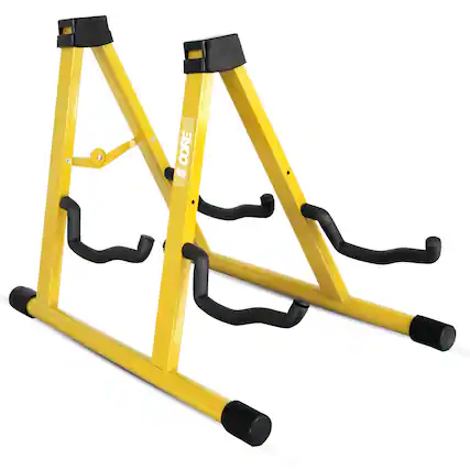 Front. 5 CORE - Double Guitar Stand A Frame Shape w Foam Arms Supports Acoustic Electric Bass Ukulele Banjo - Yellow.