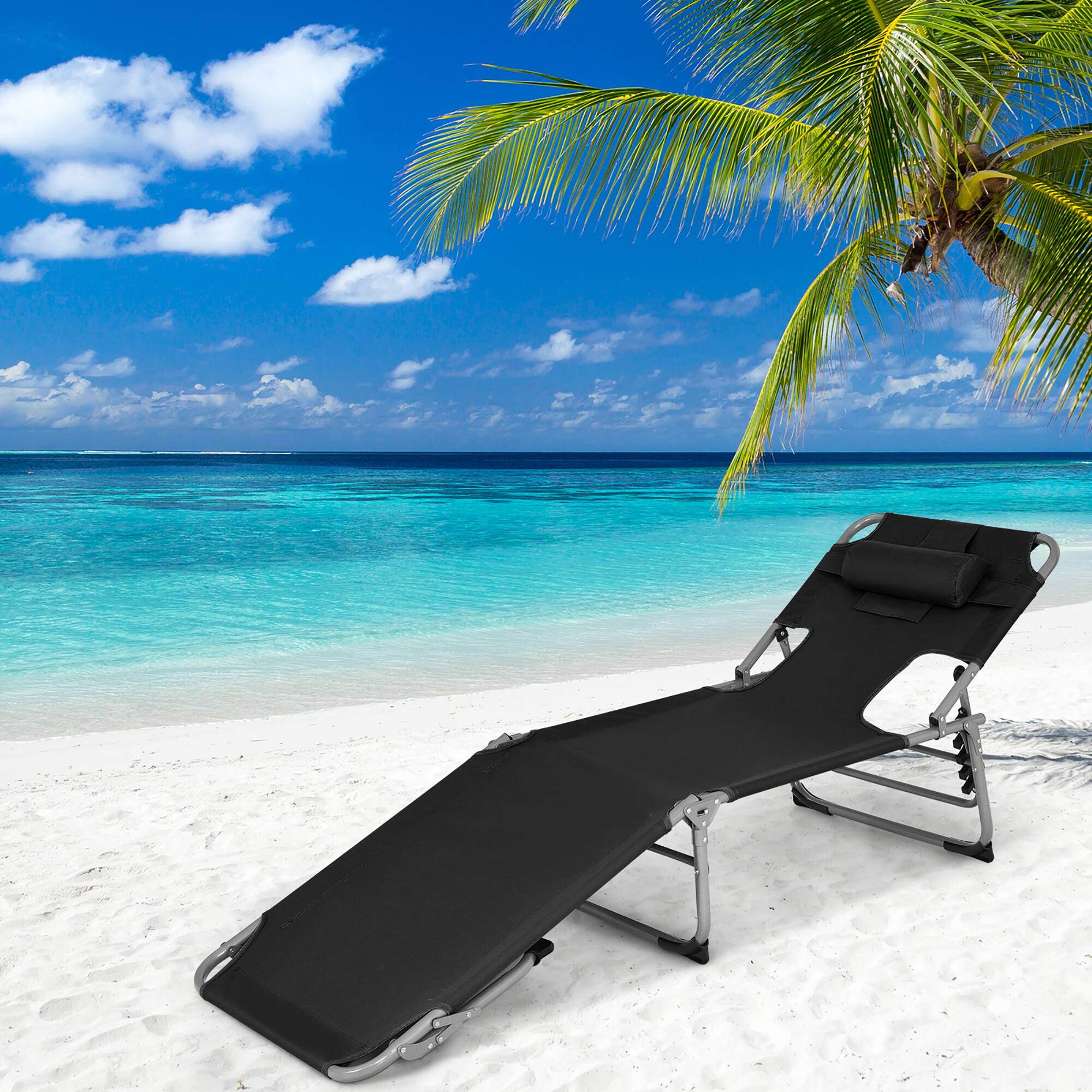 Alt View 1. Costway - Costway Outdoor Beach Lounge Chair Folding Chaise Lounge with Pillow - Black.