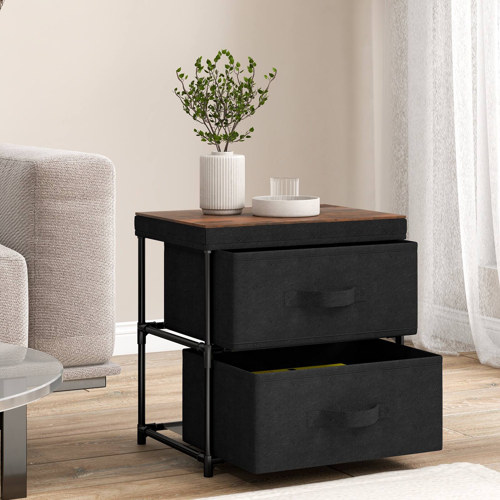Alt View 14. Costway - 2 Drawer Dresser Fabric Storage Organizer Nightstand Bedside Sofa Table - Black/Rustic Brown.