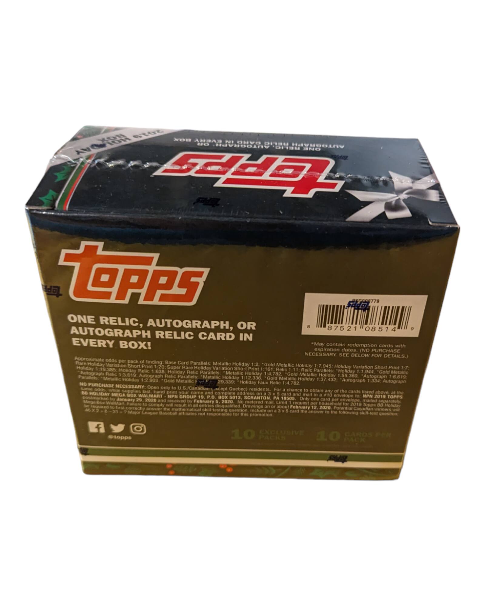 Sure, here is the corrected and grouped text from the image:

---

**Topps**

**ONE RELIC, AUTOGRAPH, AUTOGRAPH RELIC CARD IN EVERY BOX!**

*May contain redemption cards with expiration dates. (NO PURCHASE NECESSARY SEE BELOW DETAILS.)*

**Approximate odds per pack of finding:**

- Base Card Parallels: Metallic Holiday Variation Short Print *Gold Metallic Holiday 1:20: Super Rare Holiday Variation Short Print 1:161 Holiday Variation Short Print 1:161 Holiday Relic Parallels "Holiday Autograph" 1:638 Holiday Hetlc Parallels "Gold Metallic Holiday 1:56.360 Pacatiens Metallic Parallels "Metallic Holiday 1:37.432. Autograph SCI 29.339 Holiday Faux Fetic 1:4.782 Autograph*

**NO PURCHASE NECESSARY. Open to U.S. (excluding Quebec) residents. For a chance to win, mail name cards listed below to:**

**Topps Holiday 2020 Redemption Card Promotion**

**10 EXCLUSIVE 10 CARDS PER PACK**

**May