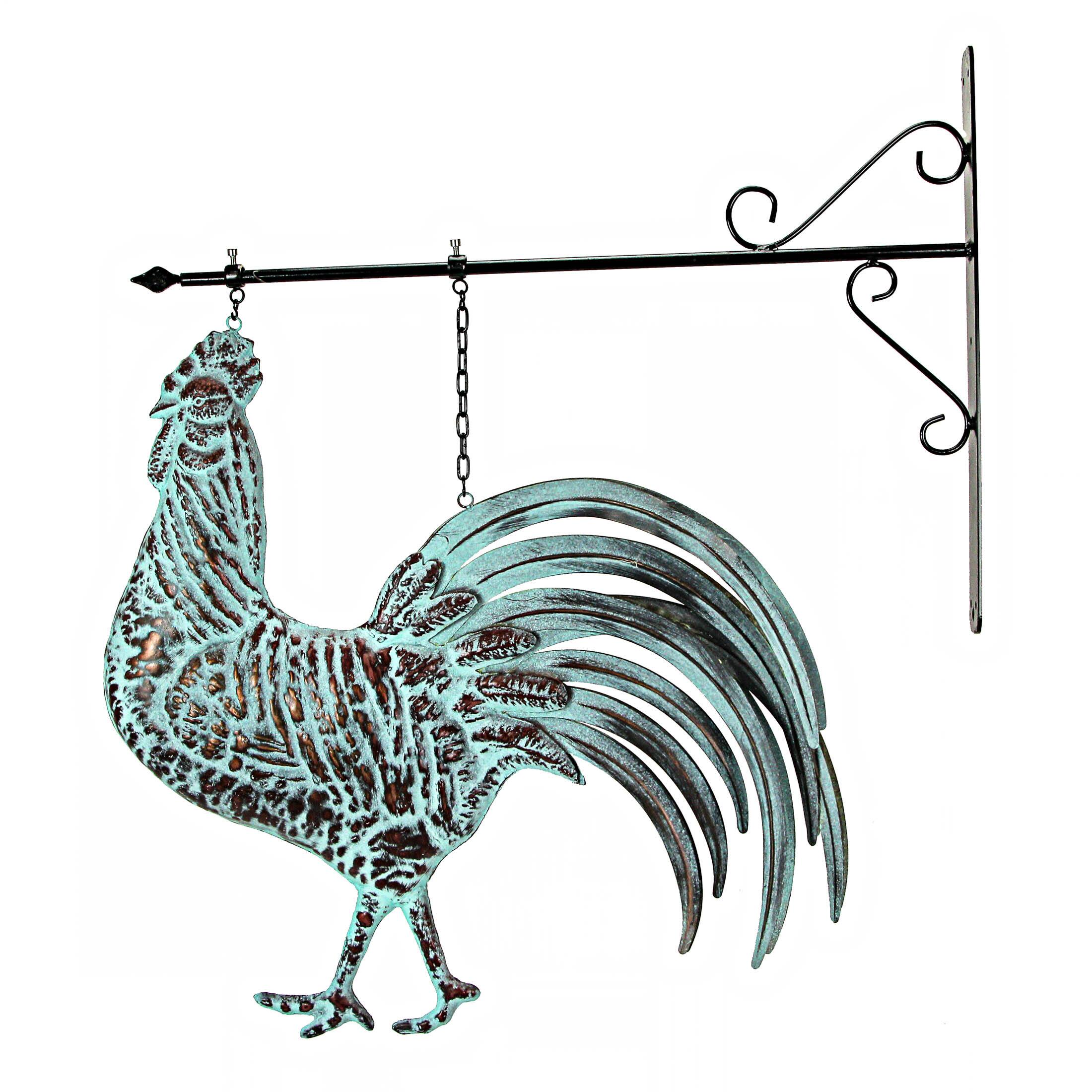 Front. Contrast Inc. - 33.5 inch Verdigris Rooster Hanging Metal Wall Sculpture with Wall Bracket - Multicolored.