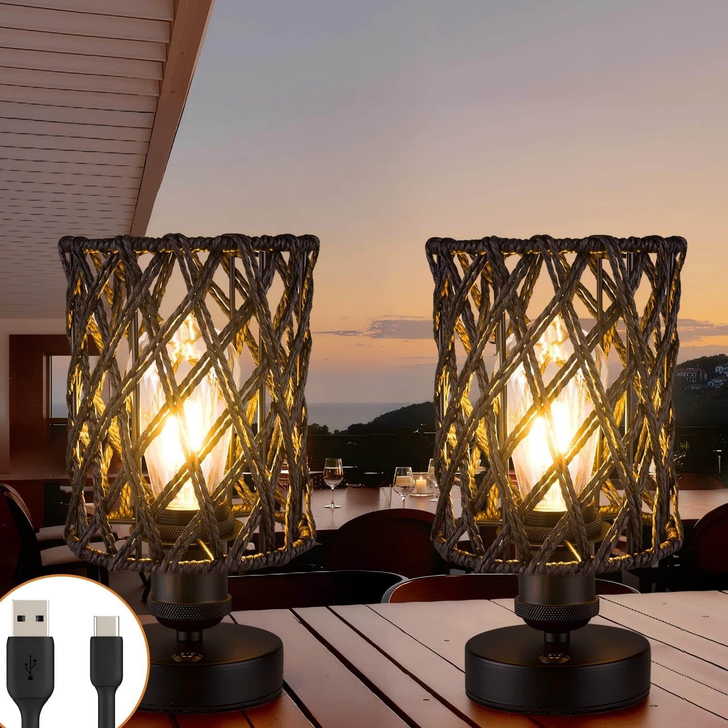 Dazzling Pops - Cordless Outdoor Table Lamps Rattan Boho Rechargeable Battery Operated Outdoor Patio Home Living Room - Black-A