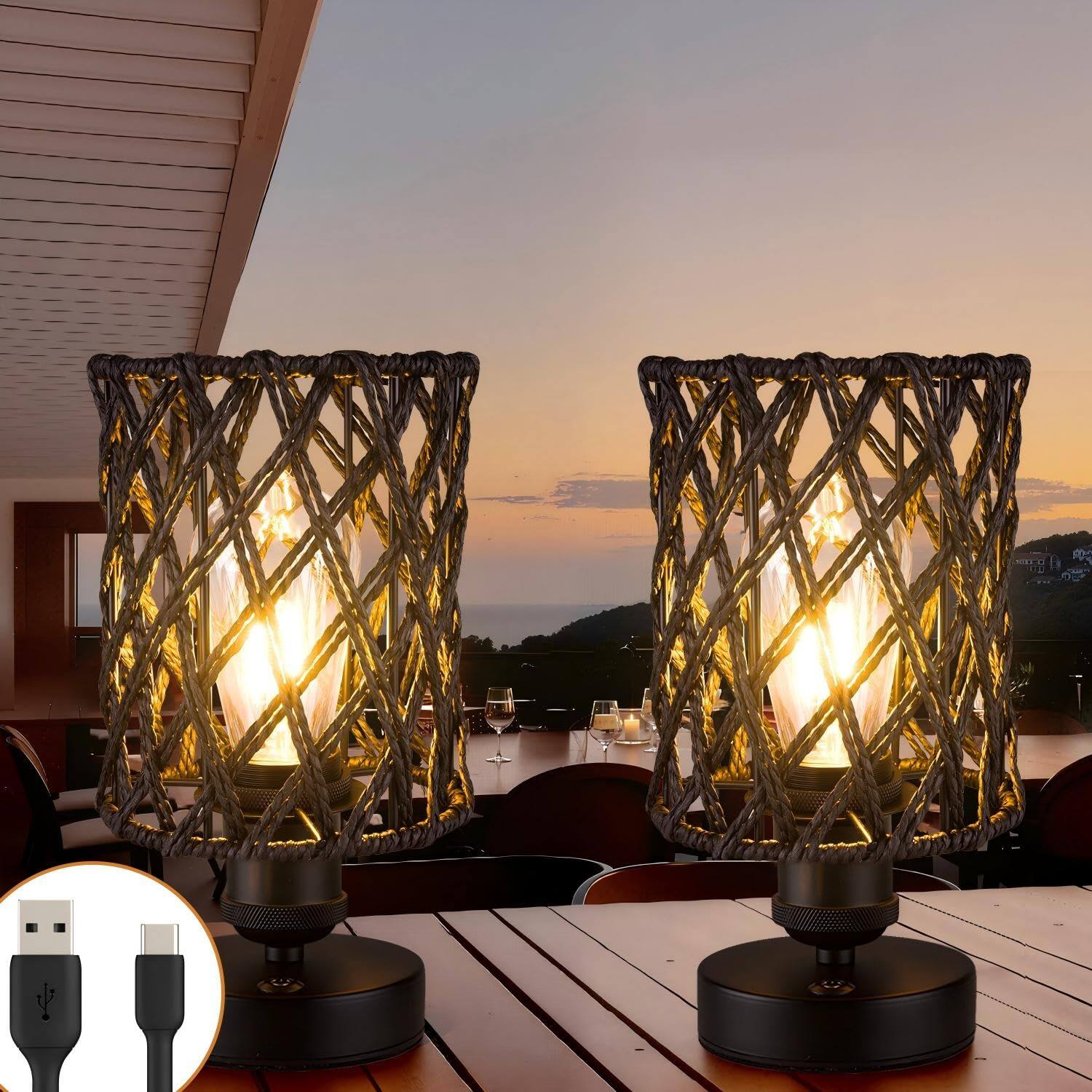 Dazzling Pops - Cordless Outdoor Table Lamps Rattan Boho Rechargeable Battery Operated Outdoor Patio Home Living Room - Black-A