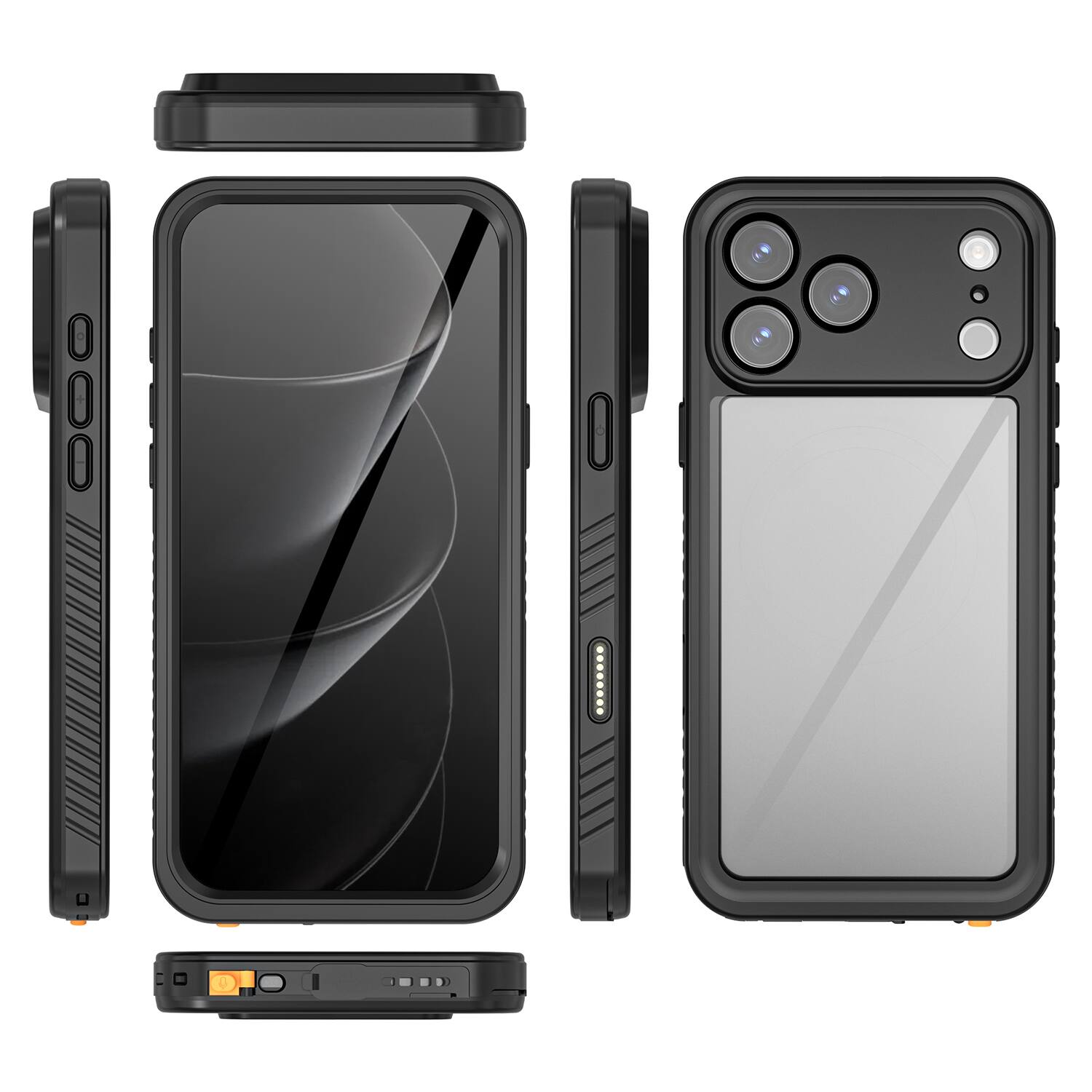 The image shows a black protective case for a smartphone. The case is designed to provide robust protection, with the following features:

- **Front View:** The case has a transparent back cover that allows the phone's design to be visible. It includes cutouts for the camera lenses and flash.
- **Side View:** The case has a textured grip on the sides for better handling. There are cutouts for the buttons and ports.
- **Top View:** The case has a built-in stand for hands-free viewing.
- **Bottom View:** The case includes a kickstand for additional support.

The case is designed to fit a specific model of smartphone, ensuring all buttons, ports, and features are accessible.
