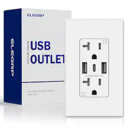 ELEGRP - 3 Ports Dual Type A & Type C USB Charger Wall Outlet, 20 Amp Tamper-Resistant Outlet w/Wall Plate, (1 Pack) - White
