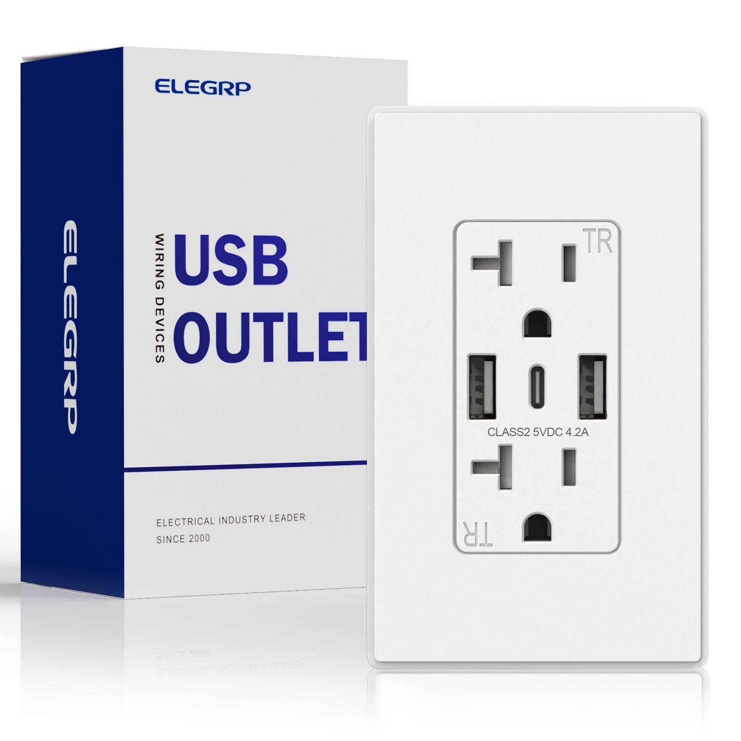 ELEGRP - 3 Ports Dual Type A & Type C USB Charger Wall Outlet, 20 Amp Tamper-Resistant Outlet w/Wall Plate, (1 Pack) - White