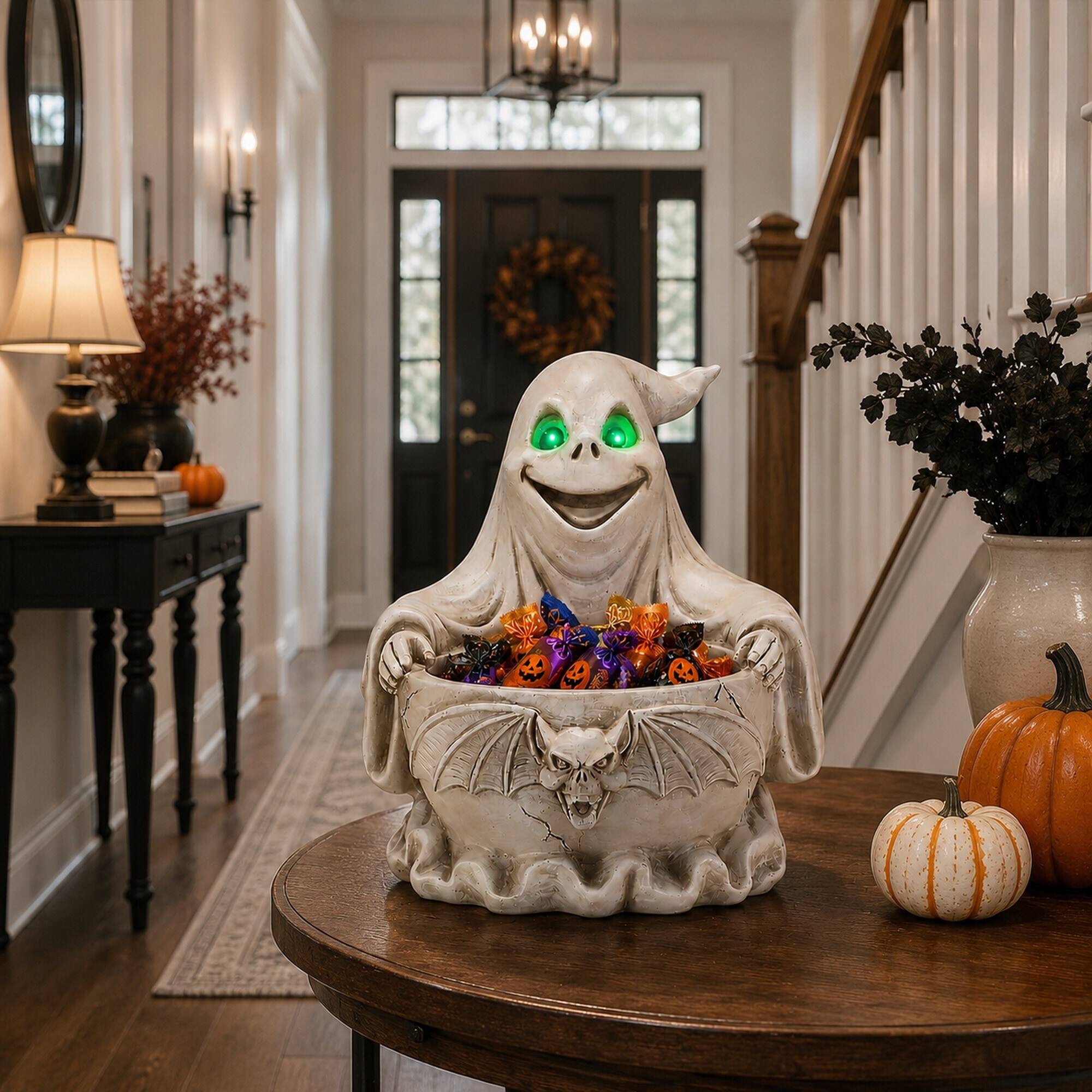 Alt View 1. RYHNUYNE - Halloween Ghost Storage Bowl Figurine with LED Glowing Eyes, Spooky Candy Dish and Bat Decor for Party and Home - White.