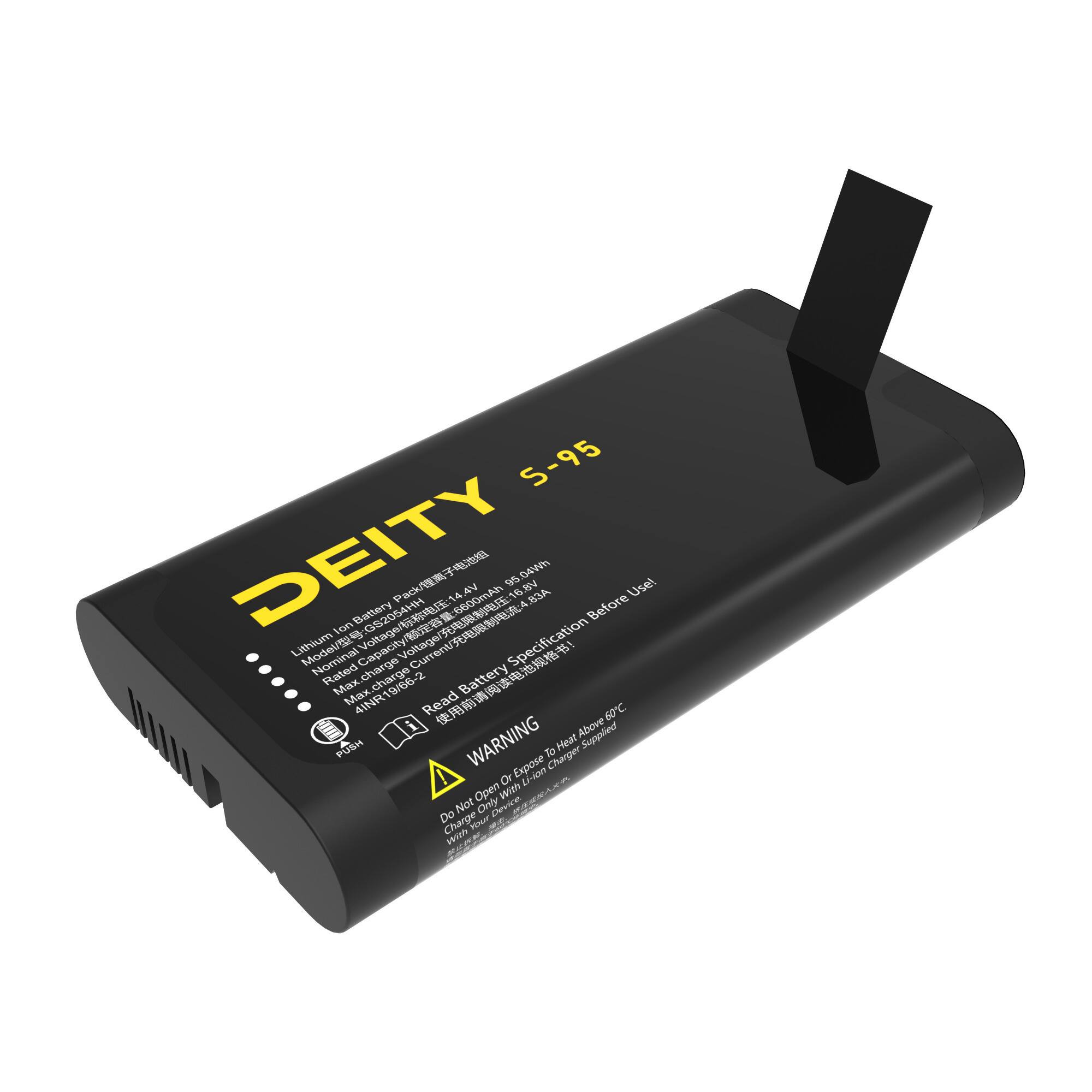 DEITY S-95

Lithium Ion Battery Pack
Model: 18650
Nominal Voltage: 3.7V
Nominal Capacity: 4000mAh
Max Charge Current: 4A
Max Discharge Current: 60C
Max Charge Voltage: 4.2V
Minimum Charge Voltage: 3.0V
Red Battery Specification: 4INR18650-2

WARNING
Do Not Open Or Expose To Heat
Do Not Short Circuit
Do Not Charge With Non-DEITY Charger
Do Not Use With Non-DEITY Charger
Do Not Use With Non-DEITY Charger Supply
Do Not Expose To Fire Or Heat
Do Not Expose To Water
Do Not Expose To Extreme Temperatures
Do Not Expose To Direct Sunlight
Do Not Expose To Moisture
Do Not Expose To Dust
Do Not Expose To Chemicals
Do Not Expose To Extreme Temperatures
Do Not Expose To Extreme Temperatures
Do Not Expose To Extreme Temperatures

Rechargeable Battery
Do Not Dispose Of In Fire
Do Not Dispose Of In Water
Do Not Dispose Of In Landfill

