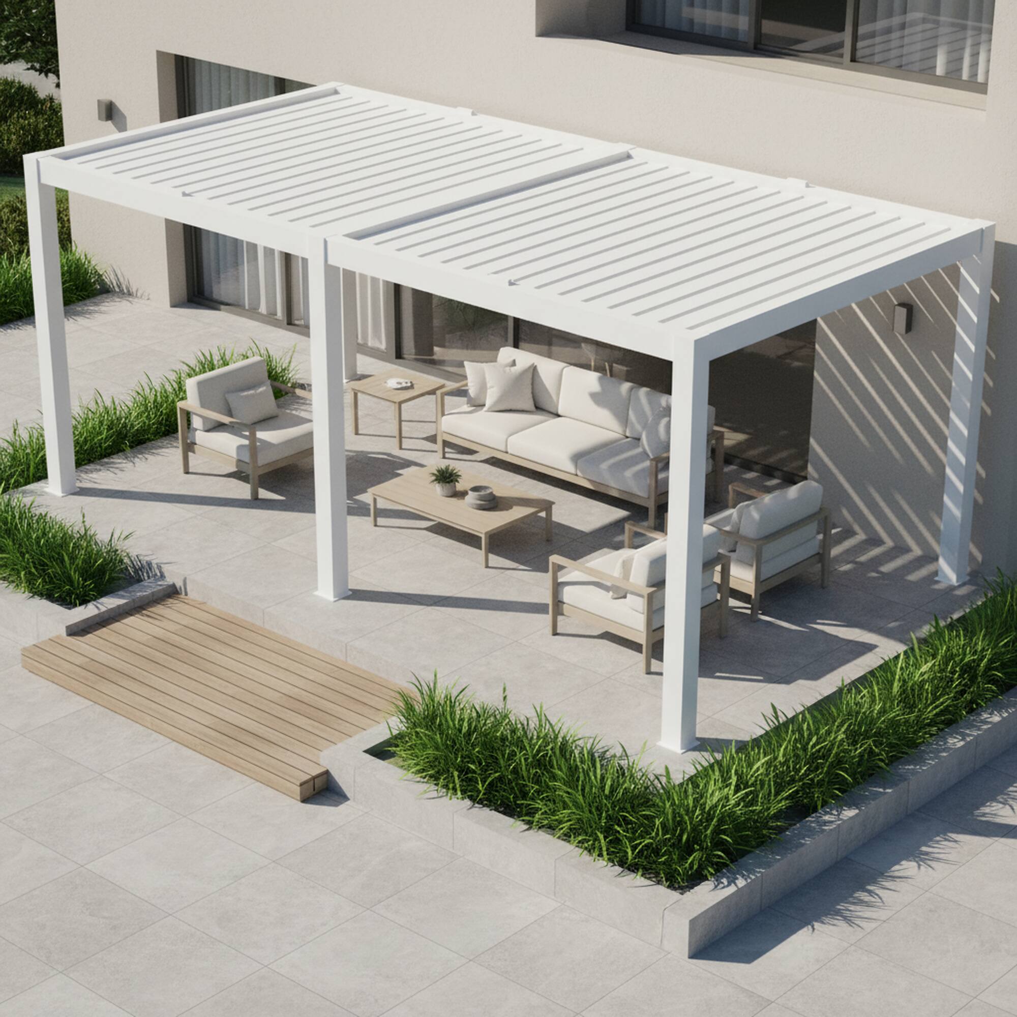 Left. Mondawe - 13ft x 24ft Solar-Powered Aluminum Pergola with Adjustable Louvers,Remote Control and Hidden Drainage System - White.