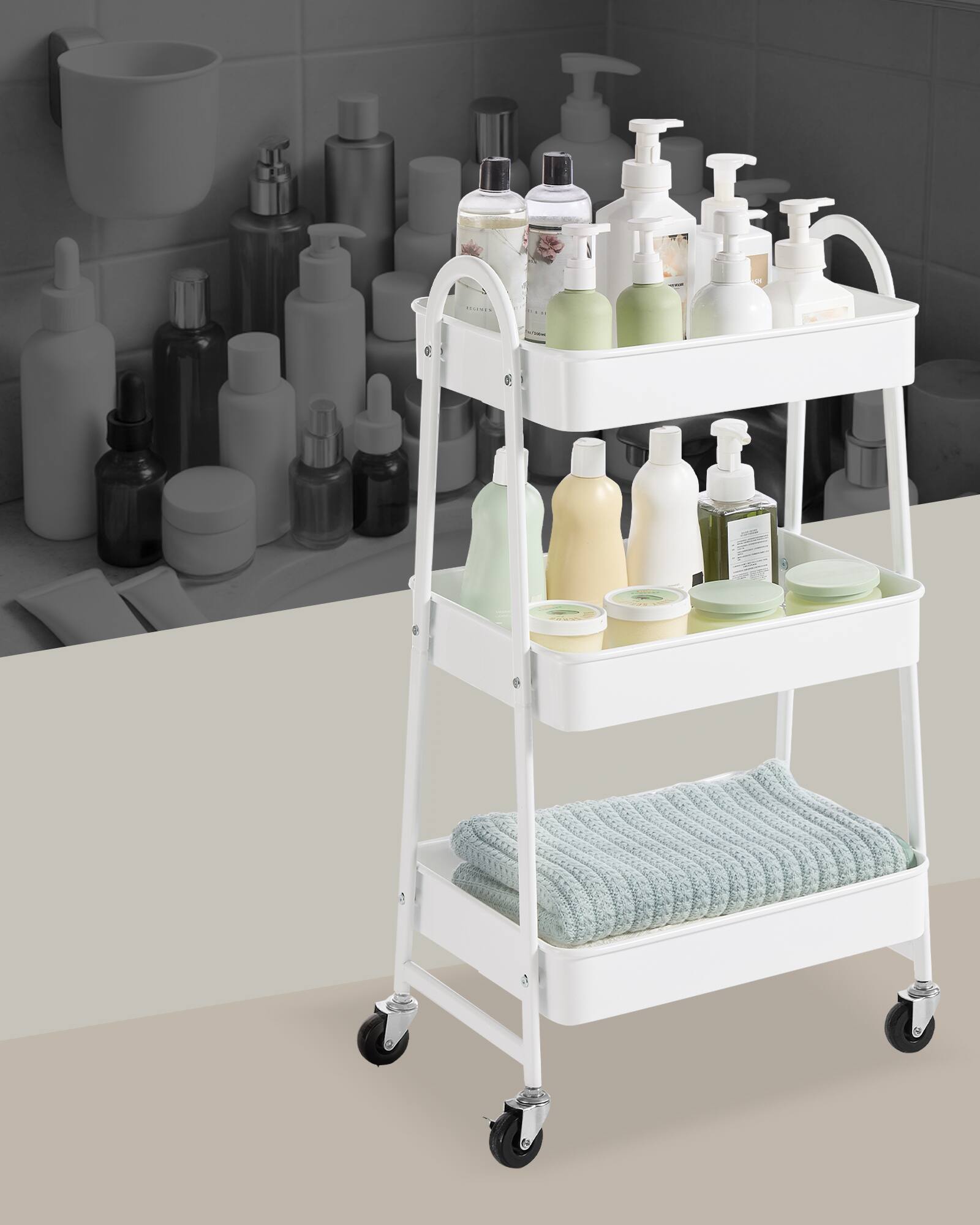 Left. Songmics Home - 3-Tier Rolling Cart, Metal Storage Cart, Kitchen Storage Trolley with 2 Brakes and Handles, Utility Cart, Easy Assembly - White.