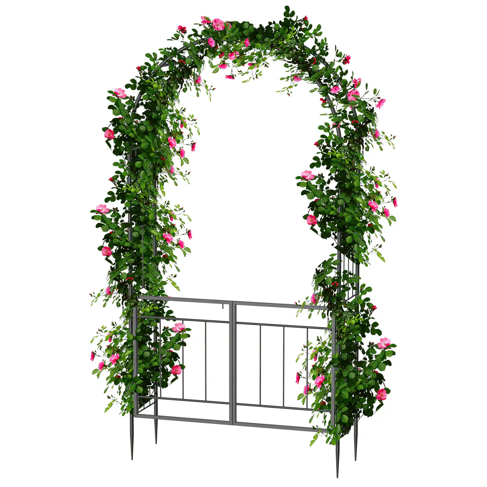 Alt View 1. Oumilen - Metal Garden Arch Trellis with Side Gate, Black Anti-Rust Climbing Vine Arbor with Ground Spikes.
