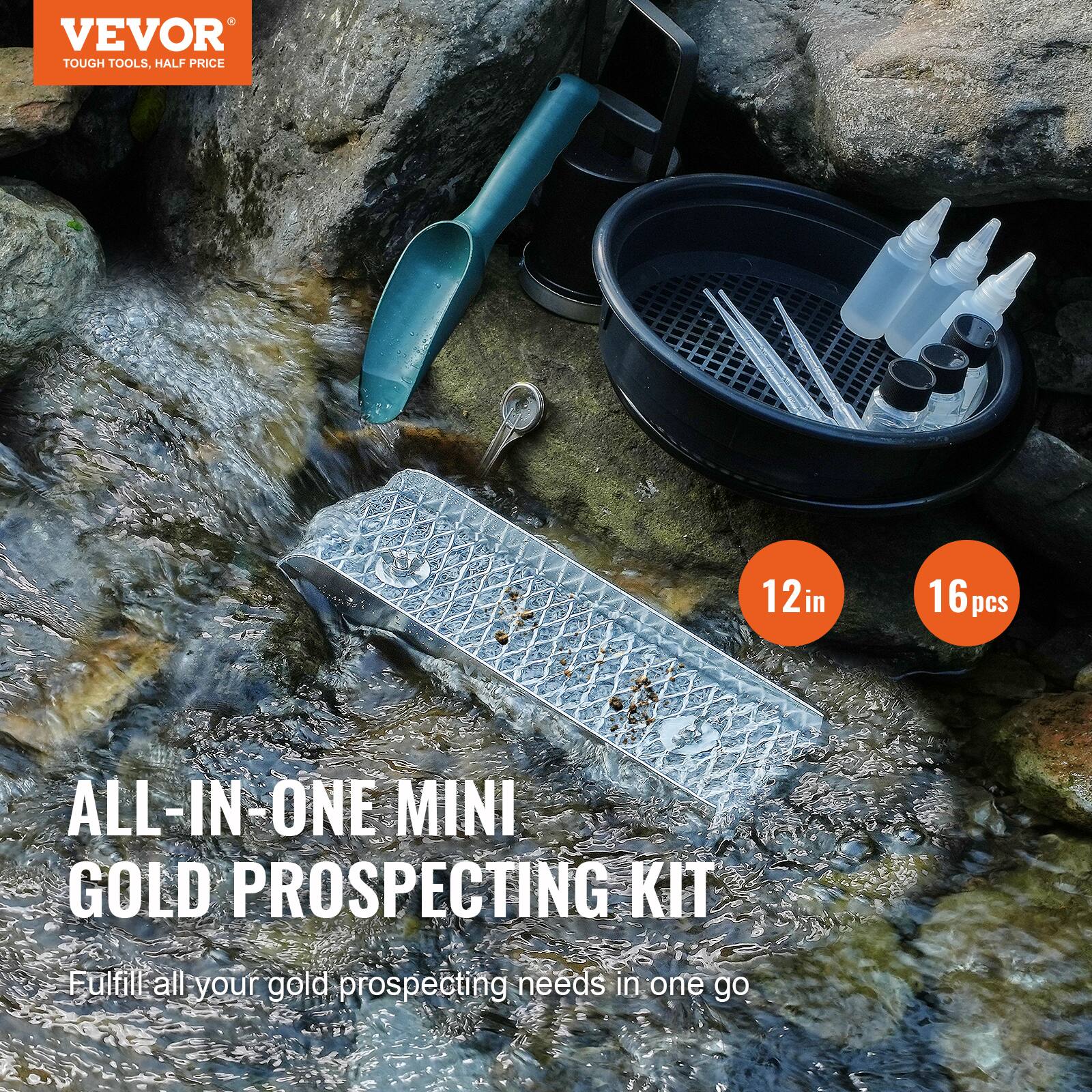 VEVOR TOUGH TOOLS, HALF PRICE

12in 16 pcs ALL-IN-ONE MINI GOLD PROSPECTING KIT

Fulfill all your gold prospecting needs in one go