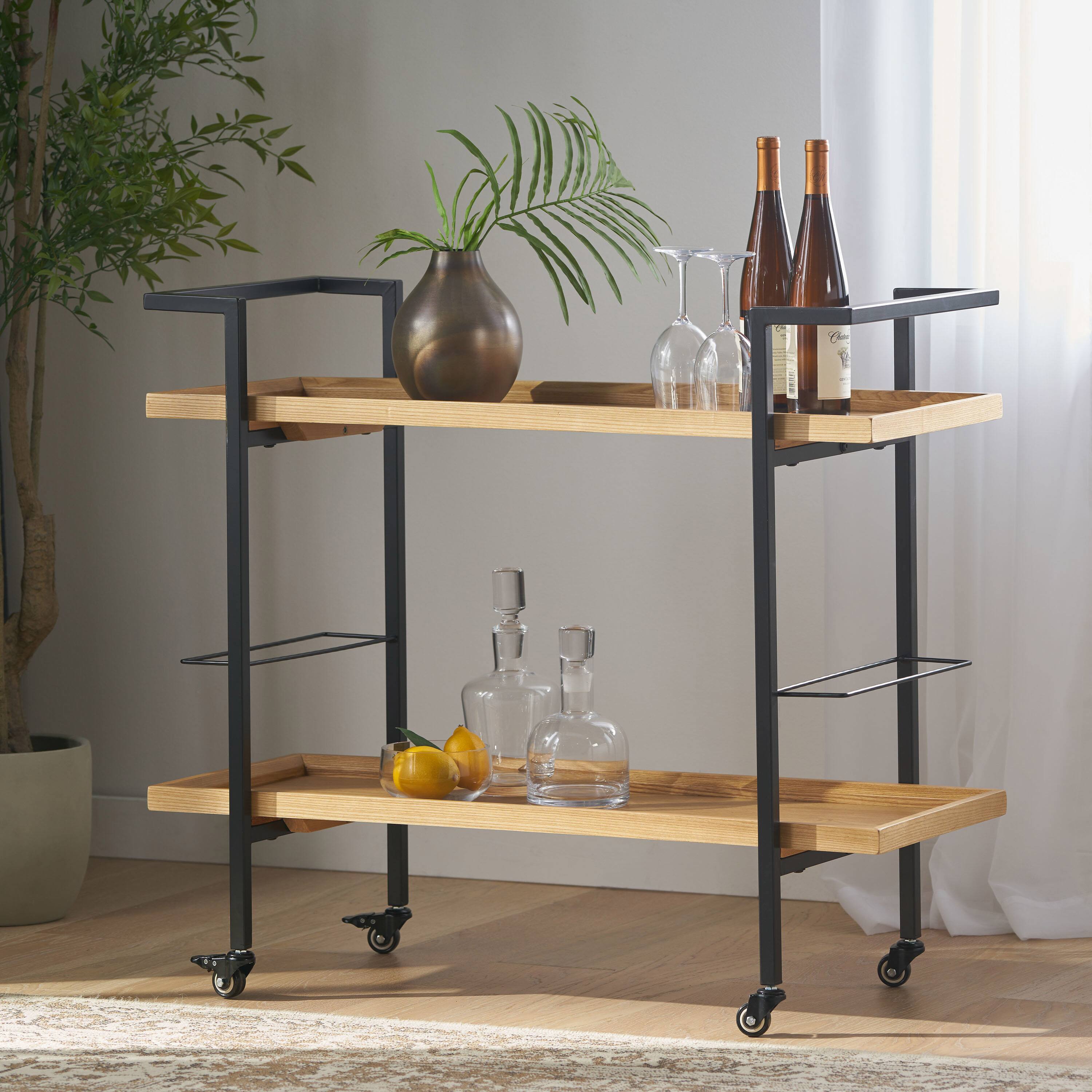 Alt View 5. Spaco - Spaco Modern Industrial Bar Cart, Wood Look Powder Coat, 2-Tier Shelves, Locking Casters, Wine Bottle Holder - Walnut.