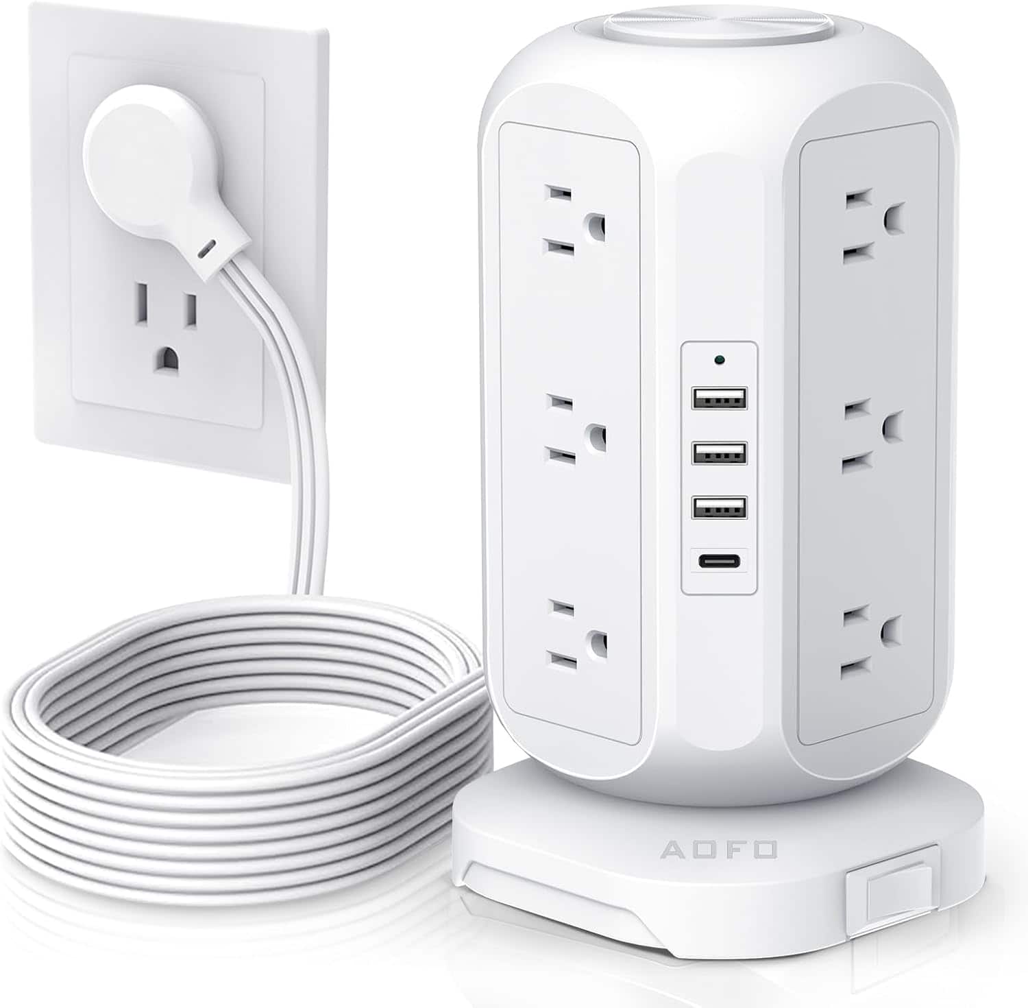 FINEAK - Space-Saving Power Tower-12 AC Outlets, 4 USB-C, Surge Protector - White