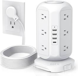 FINEAK - Space-Saving Power Tower-12 AC Outlets, 4 USB-C, Surge Protector - White