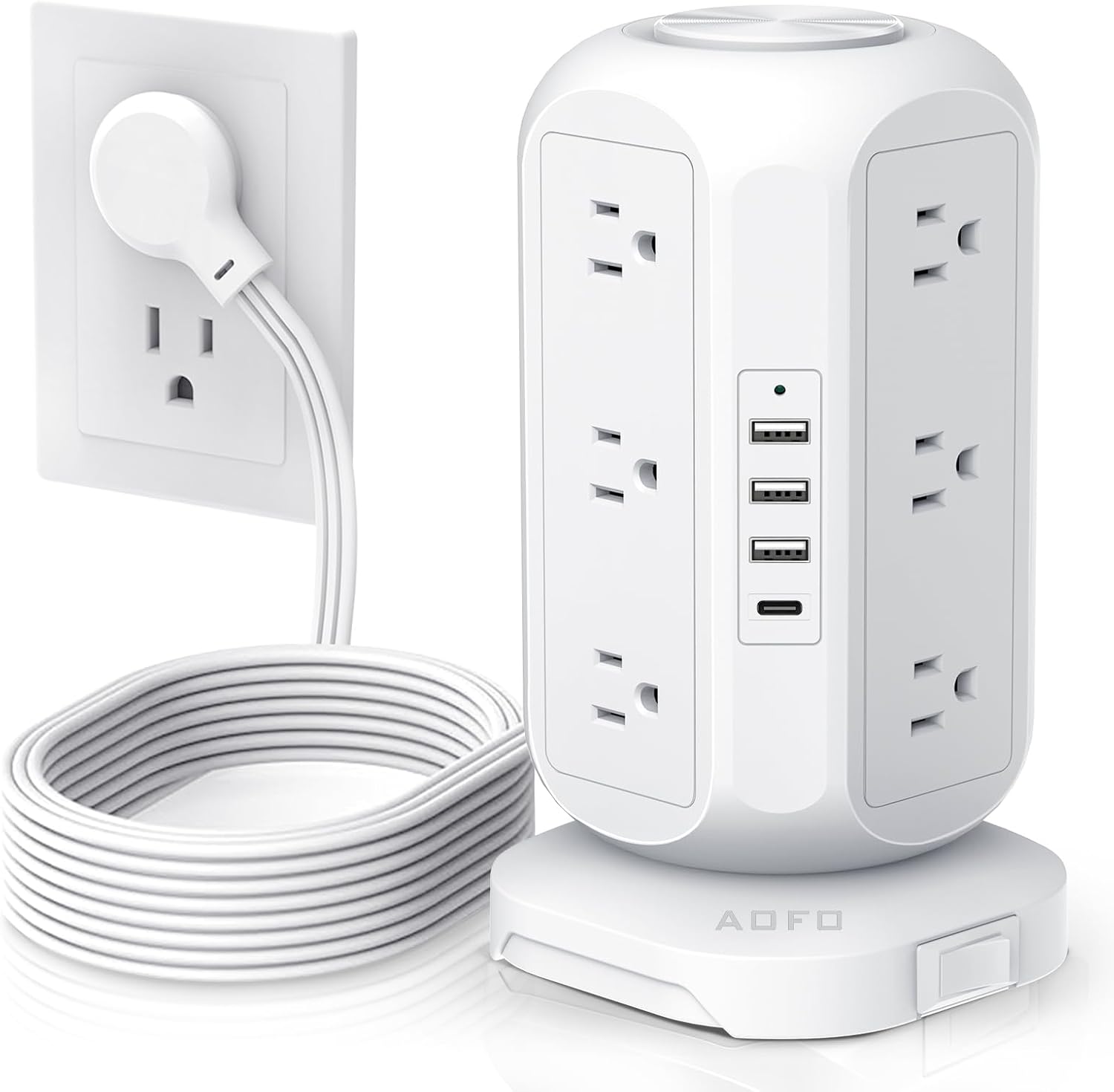 Front. FINEAK - Space-Saving Power Tower-12 AC Outlets, 4 USB-C, Surge Protector - White.