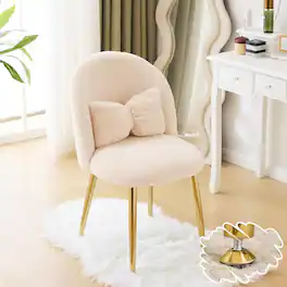 Winado - Girls Vanity Chair with Back & Pillow No Wheels Cute Small Cozy Comfy Makeup Chair with Ajustable Gold Legs for Bedroom - Khaki-plush