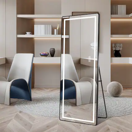 Front. Boyel Living - 64 by 21 Inch Full Length Vertical Mirror with LED Light Illuminated Floor Mirror with Bracket Black Thin Frame.