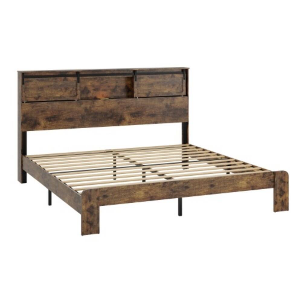 Alt View 2. LUCKY ONE - Queen Size Metal Bed Frame with Storage Headboard, USB Charging, Heavy Duty Metal Slats, No Box Spring Needed - Dark Brown.