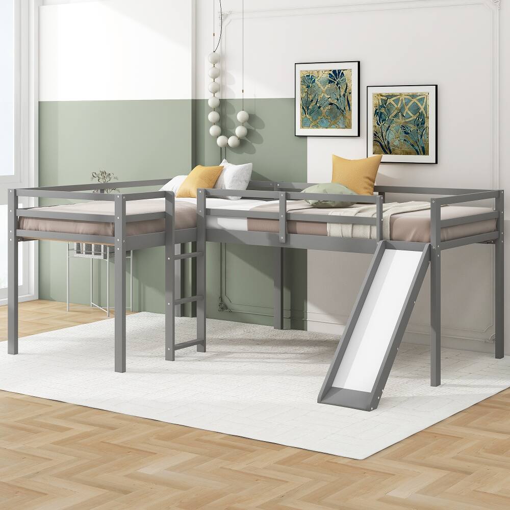 Angle. Loheer - Loheer L-Shaped Twin Loft Bed with Slide and Ladder, Corner Loft Bed Frame for Kids, Solid Pine Wood, Gray - Gray.